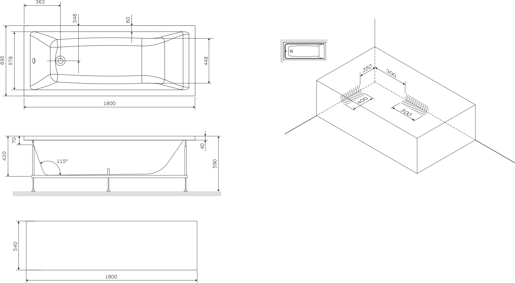 Акриловая ванна STWORKI Карлстад 180x70, с каркасом и сливом-переливом купить в Тамбове