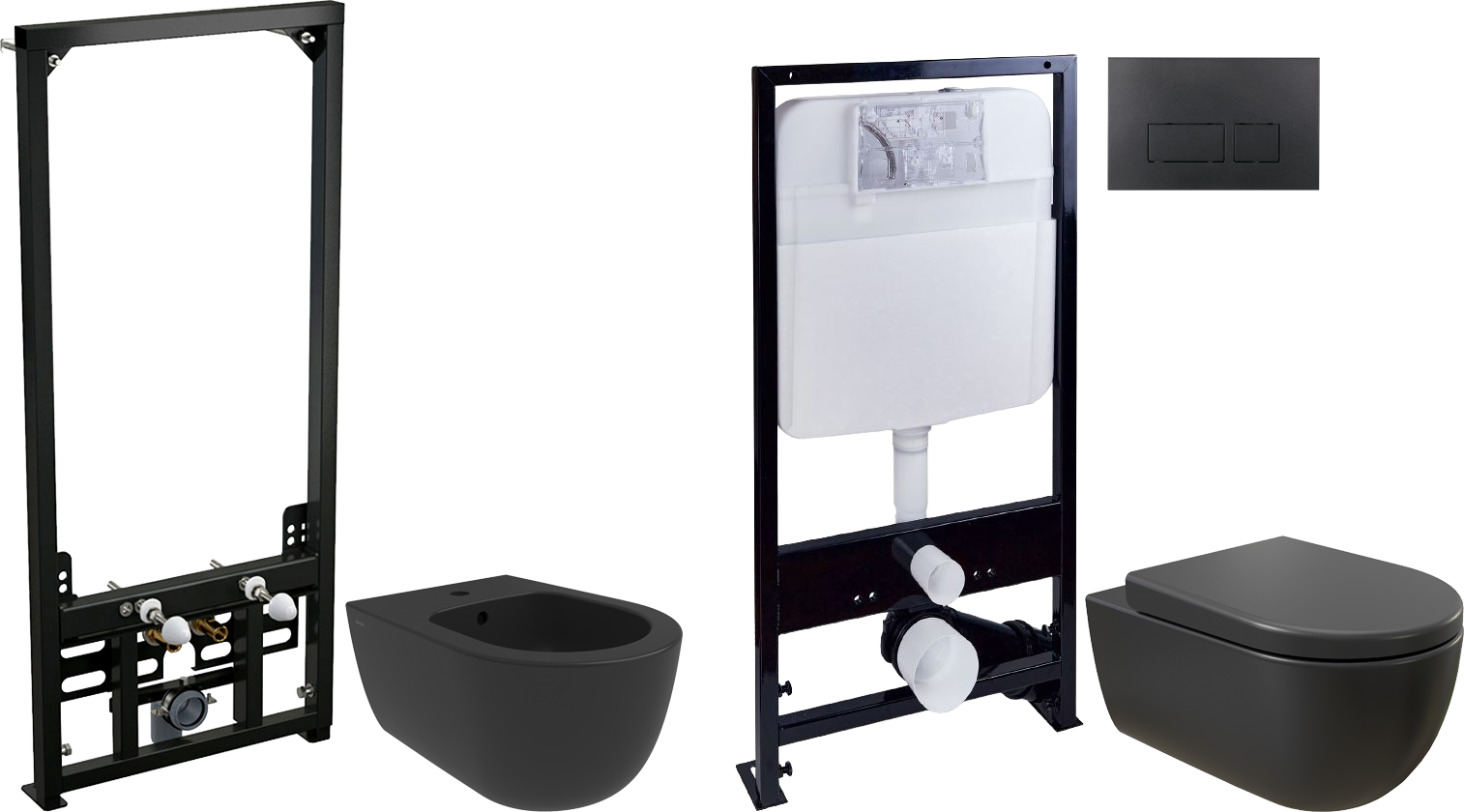 Комплект Биде BOCCHI V-Tondo 1487-004-0120 чёрный матовый + Инсталляция AlcaPlast A105 /1120 + Унитаз подвесной 1416-004-0129 безободковый, черный матовый + Кнопка EWRIKA 0044 черная матовая + Крышка A0336-004 с микролифтом, черная матовая + Инсталляция P