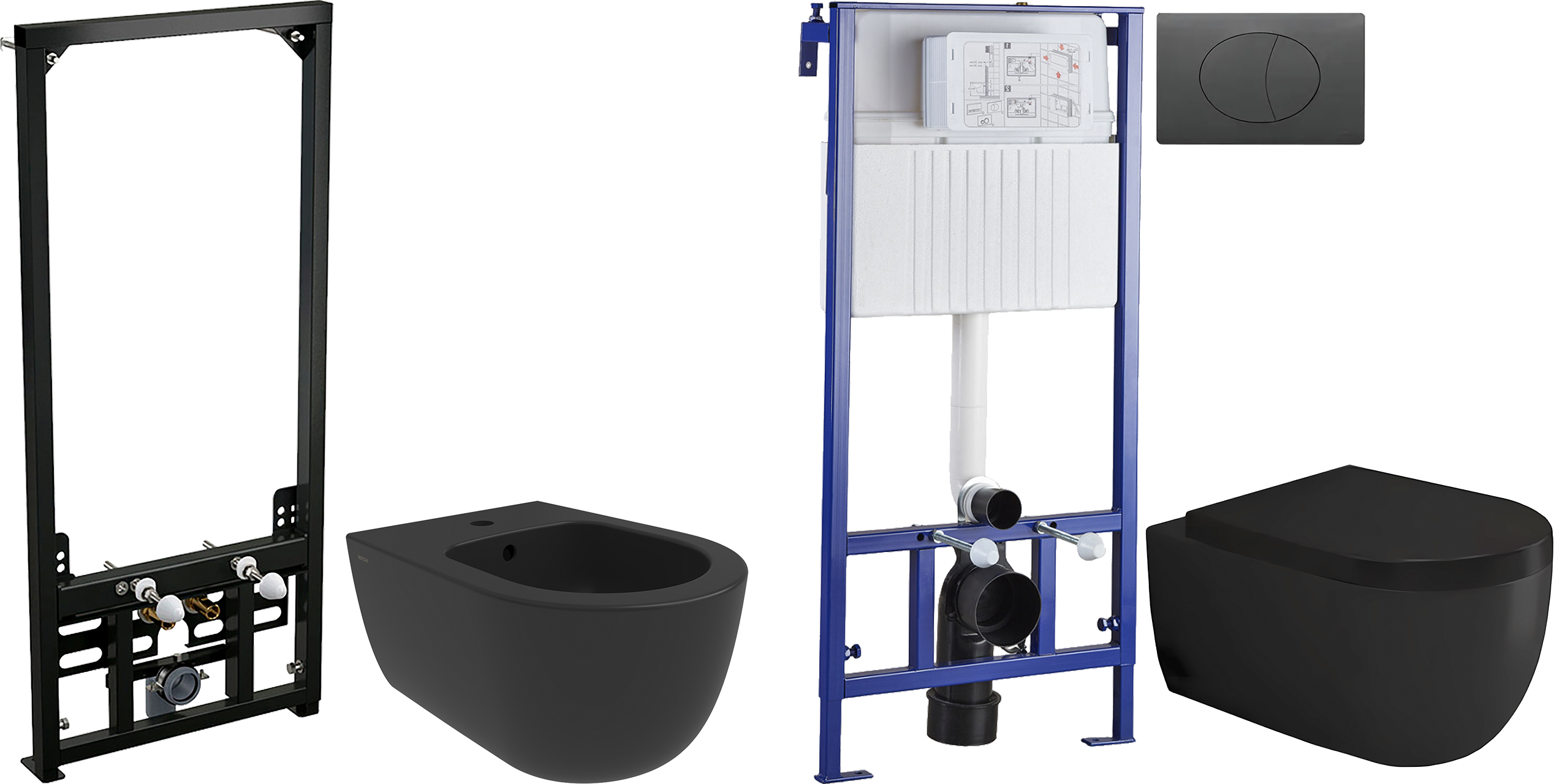 Комплект Биде подвесное BOCCHI V-Tondo 1487-004-0120 чёрный матовый + Инсталляция AlcaPlast A105 /1120 + Унитаз подвесной 1417-004-0129 безободковая, черная матовая + Кнопка STWORKI 230858 черный матовый + Крышка A0302-004 с микролифтом, черная матовая +