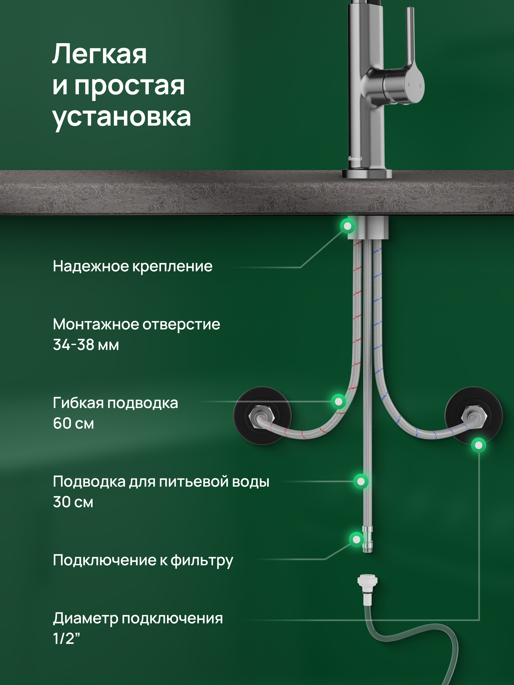 Смеситель для кухни Domaci Римини D569174GB с гибким изливом, вороненая сталь купить в Тамбове