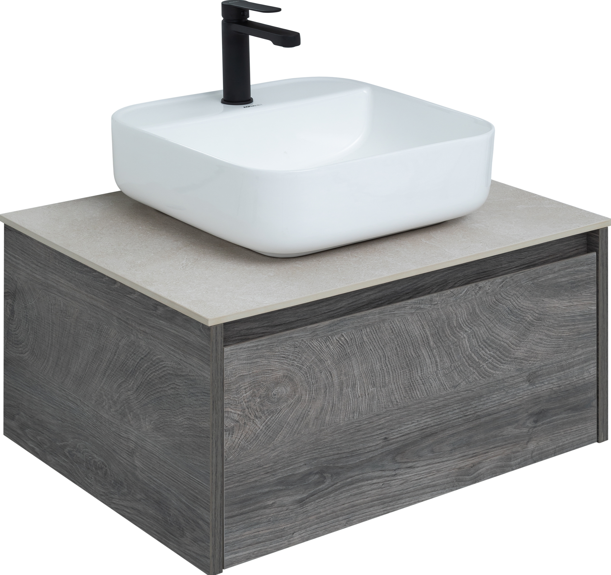 Тумба под раковину со столешницей STWORKI Карлстад 60 дуб рошелье, простоун беж, с отверстием для смесителя