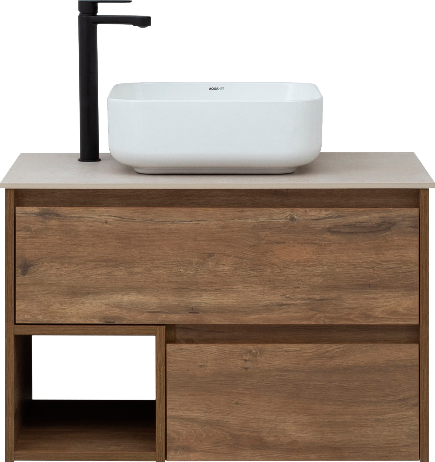 Тумба под раковину со столешницей STWORKI Карлстад 75 дуб рустикальный, простоун беж, с отверстием для смесителя