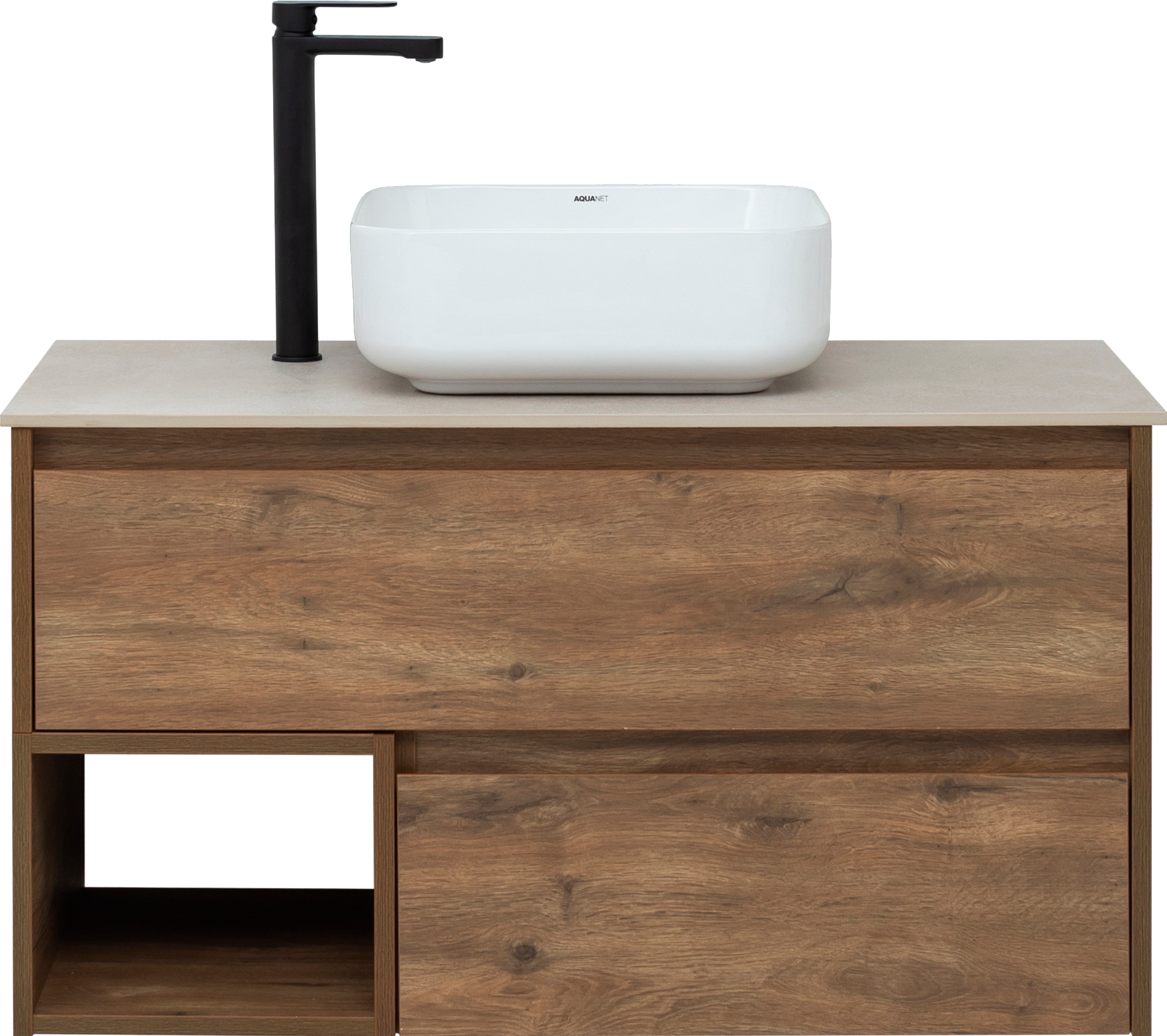 Тумба под раковину со столешницей STWORKI Карлстад 90 дуб рустикальный, простоун беж, с отверстием для смесителя