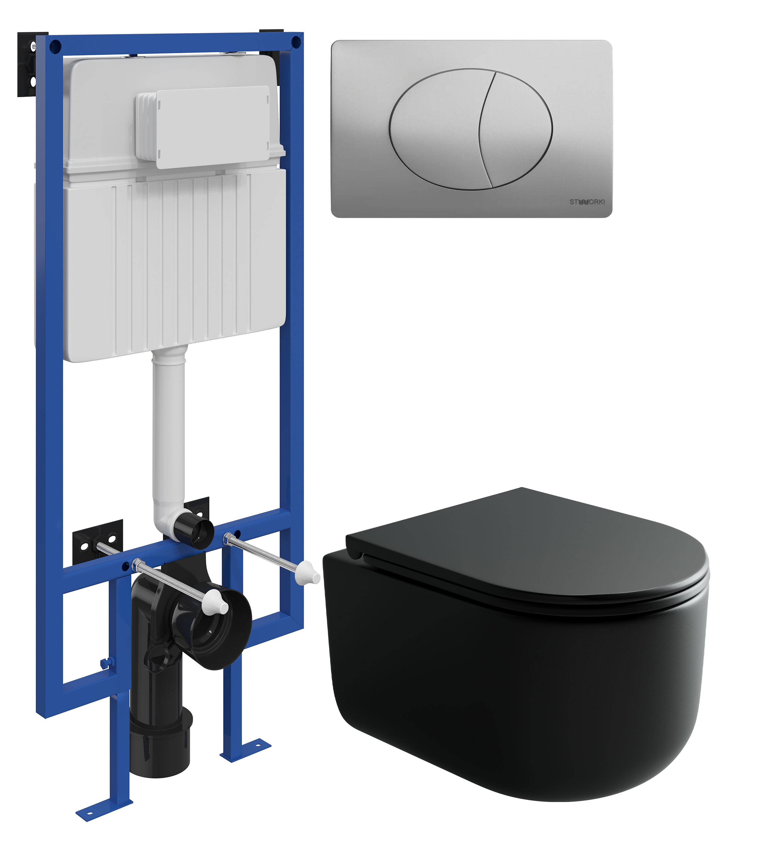 Комплект 3 в 1 Унитаз подвесной Ceramicanova Ulma Rimless CN4006MB + Инсталляция STWORKI 510162 + Кнопка 230823 цвет матовый хром