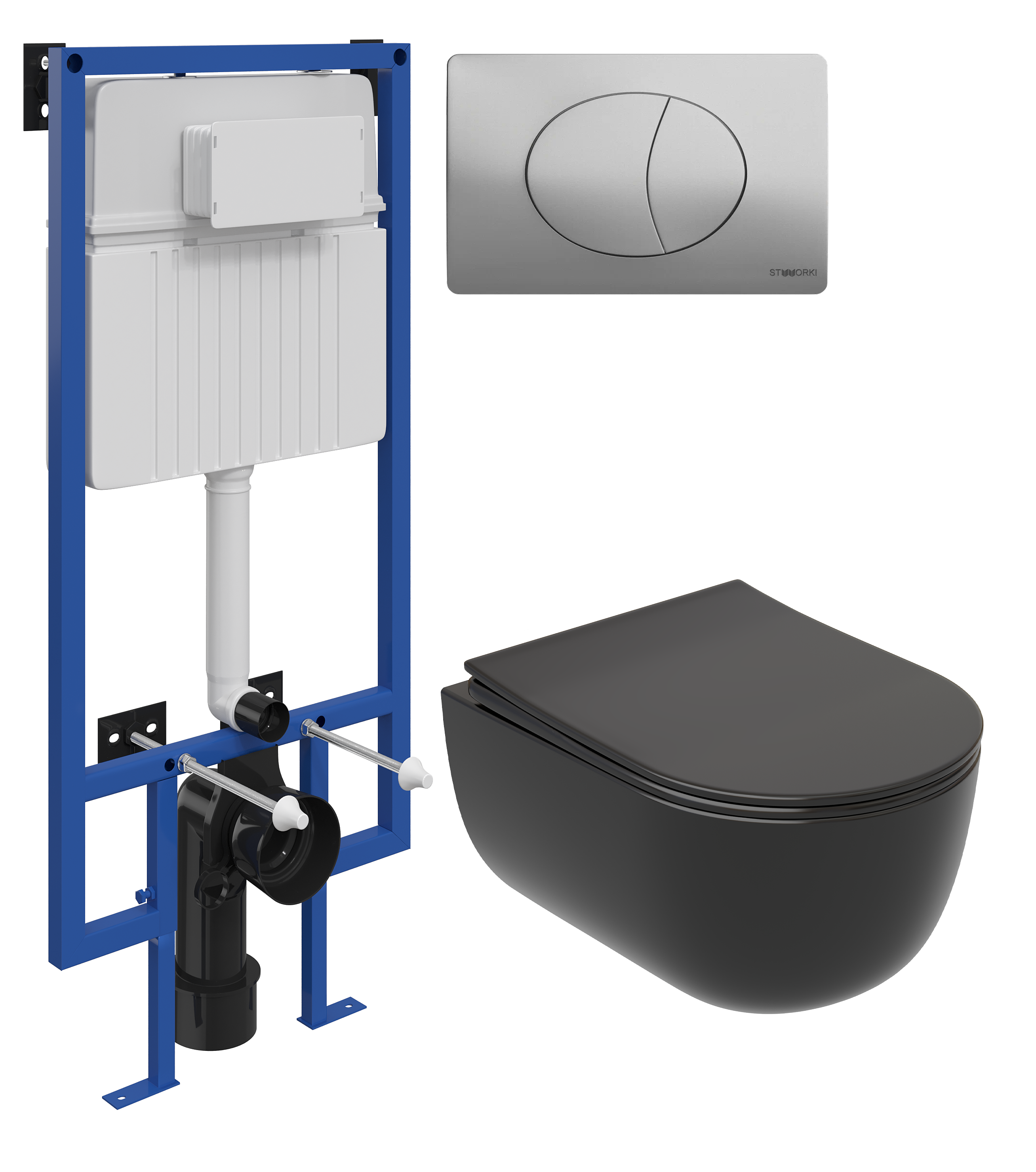 Комплект 3 в 1 Унитаз подвесной Ceramicanova Modena Rimless CN6063MB + Инсталляция STWORKI 510162 + Кнопка 230823 цвет матовый хром
