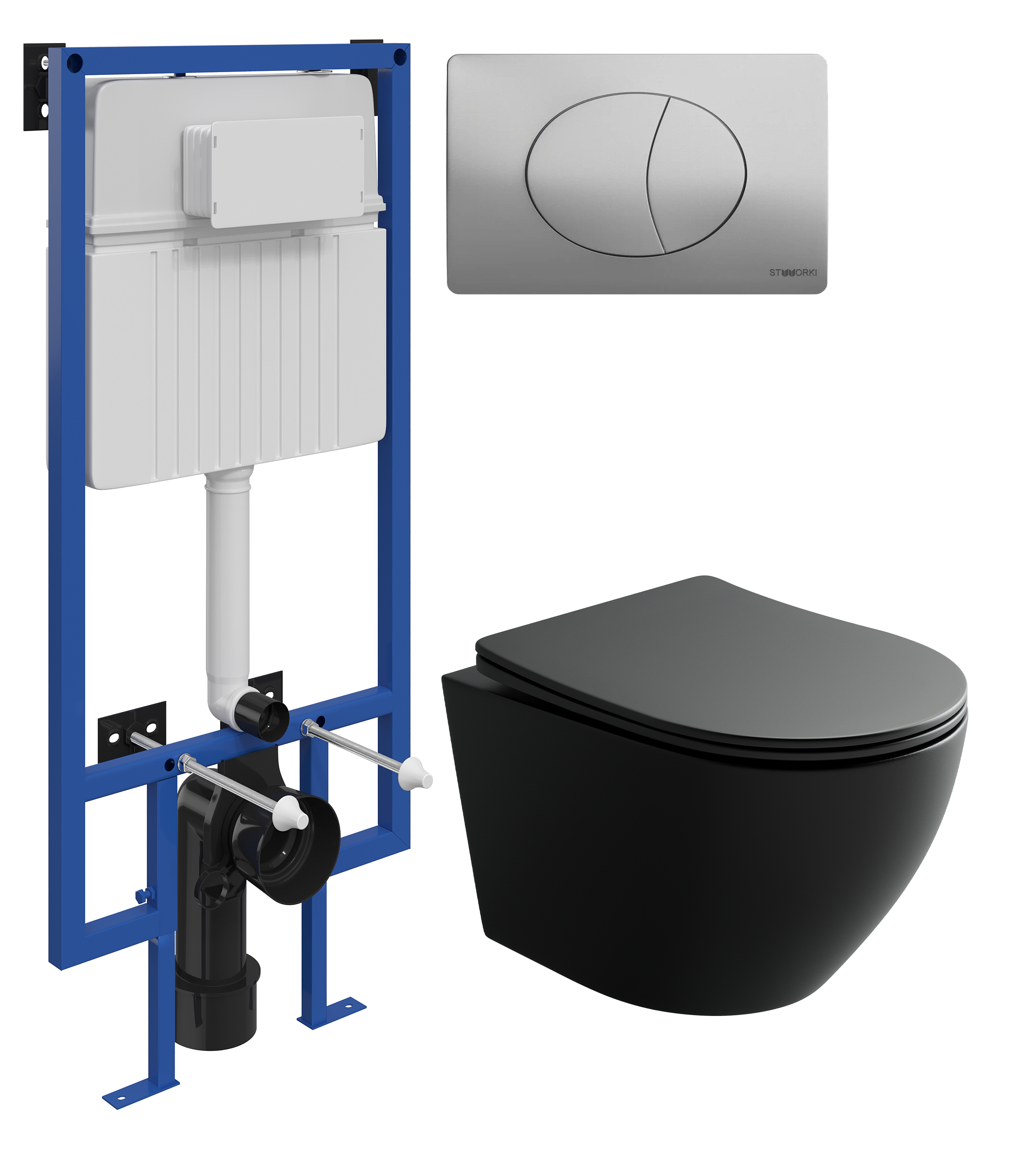 Комплект 3 в 1 Унитаз подвесной Ceramicanova Uno Rimless CN11001MB + Инсталляция STWORKI 510162 + Кнопка 230823 цвет матовый хром