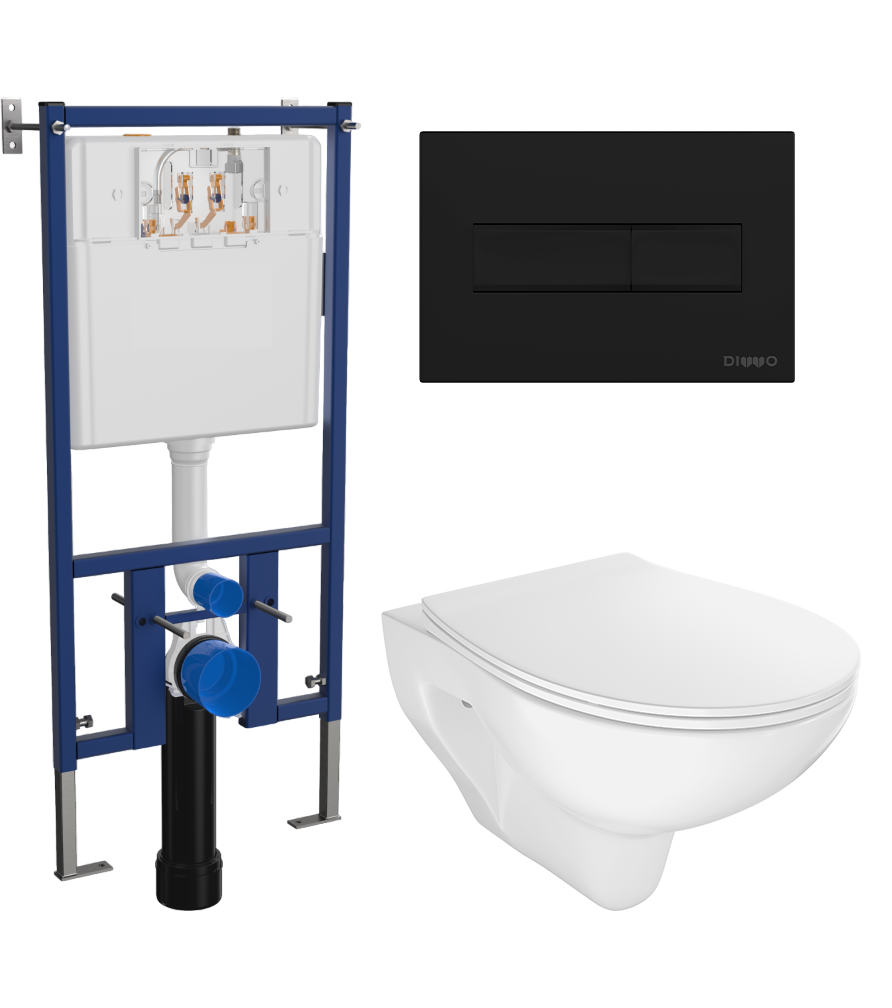 Комплект 4 в 1 Унитаз подвесной STWORKI Хедмарк 3510 безободковый + Сиденье Smart 0302 быстросъемное, с микролифтом + Инсталляция DIWO 4501 + Кнопка 7323 цвет матовый черный