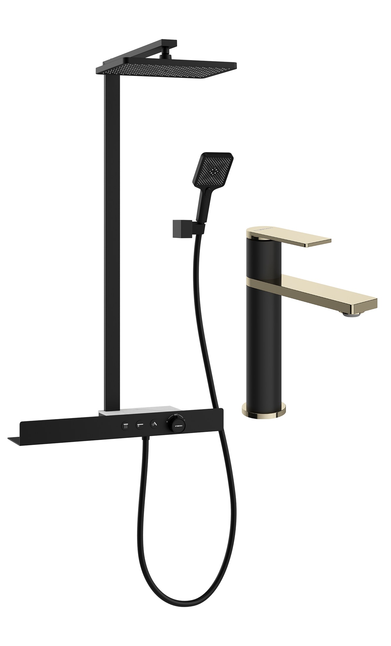 Комплект для ванной Смеситель STWORKI Олланд S01010BG, матовый черный, глянцевое золото + Стойка S01170BG, матовый чёрный
