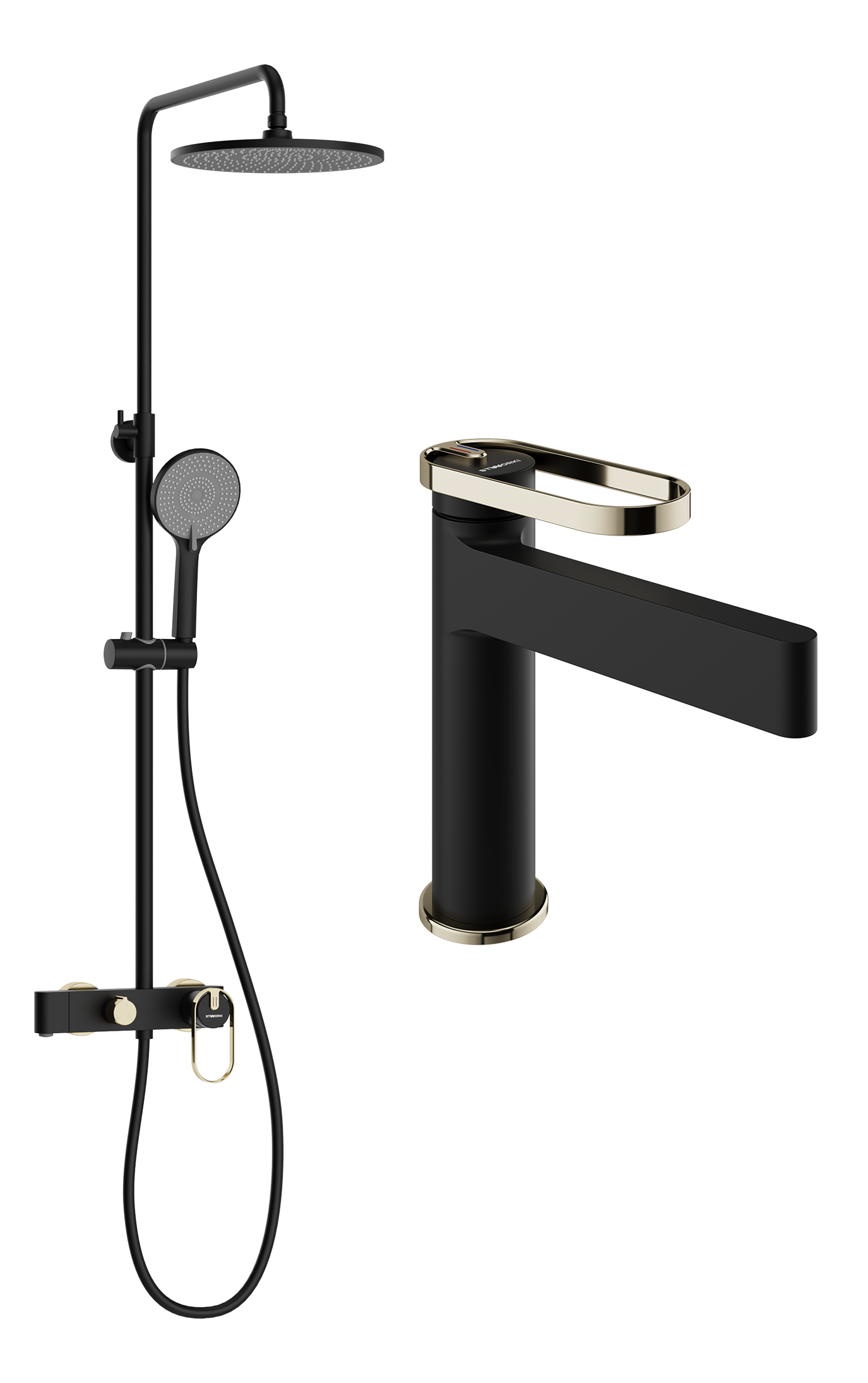 Комплект для ванной Смеситель STWORKI Малунг S11010BG матовый черный, глянцевое золото + Стойка S11170BG матовый чёрный, глянцевое золото