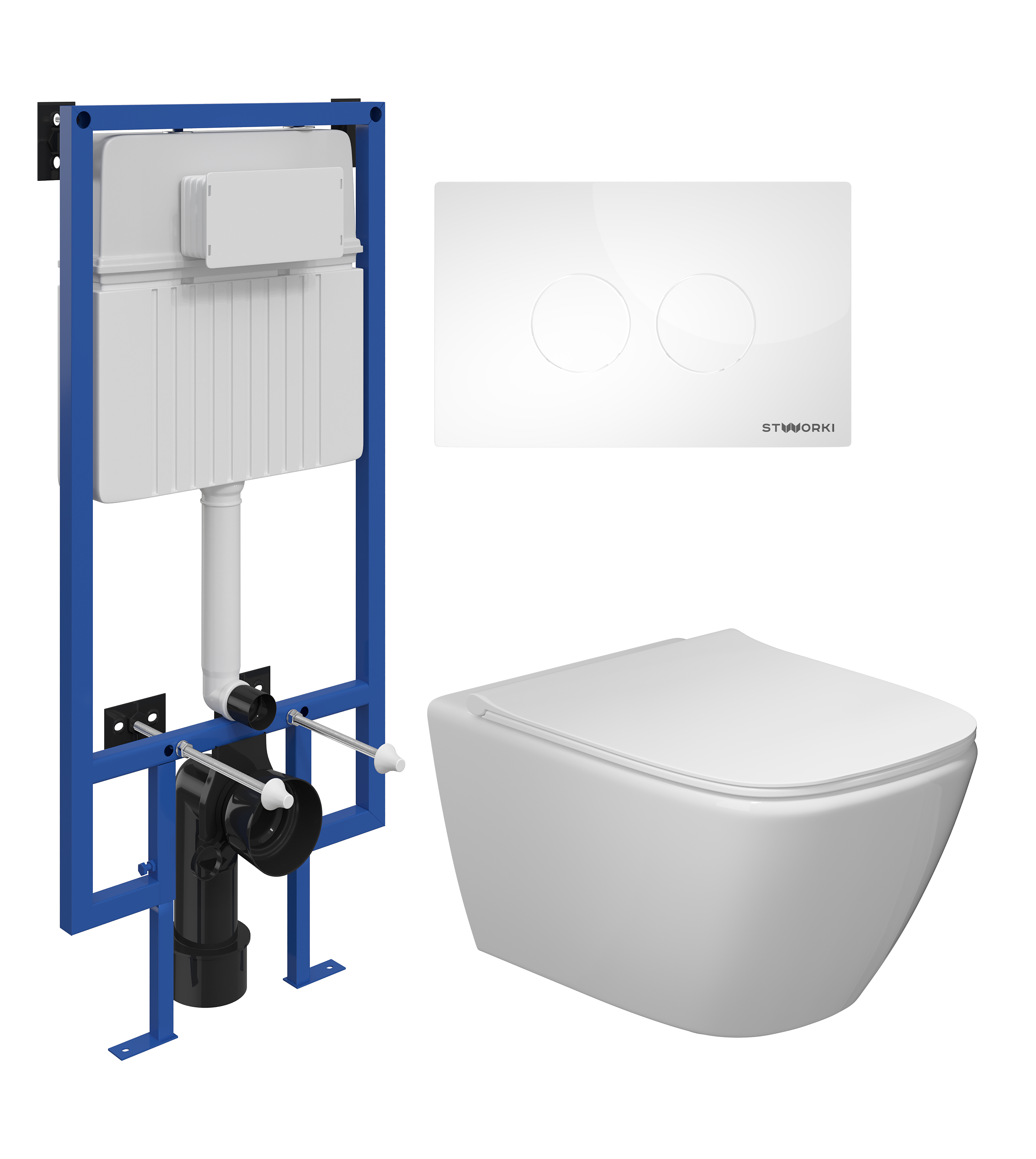 Комплект 4 в 1 Унитаз подвесной STWORKI Карлстад 5610 безободковый + Сиденье Lento 0405 быстросъемное, с микролифтом + Инсталляция 510162 + Кнопка Хельсинки 500470 цвет глянцевый белый