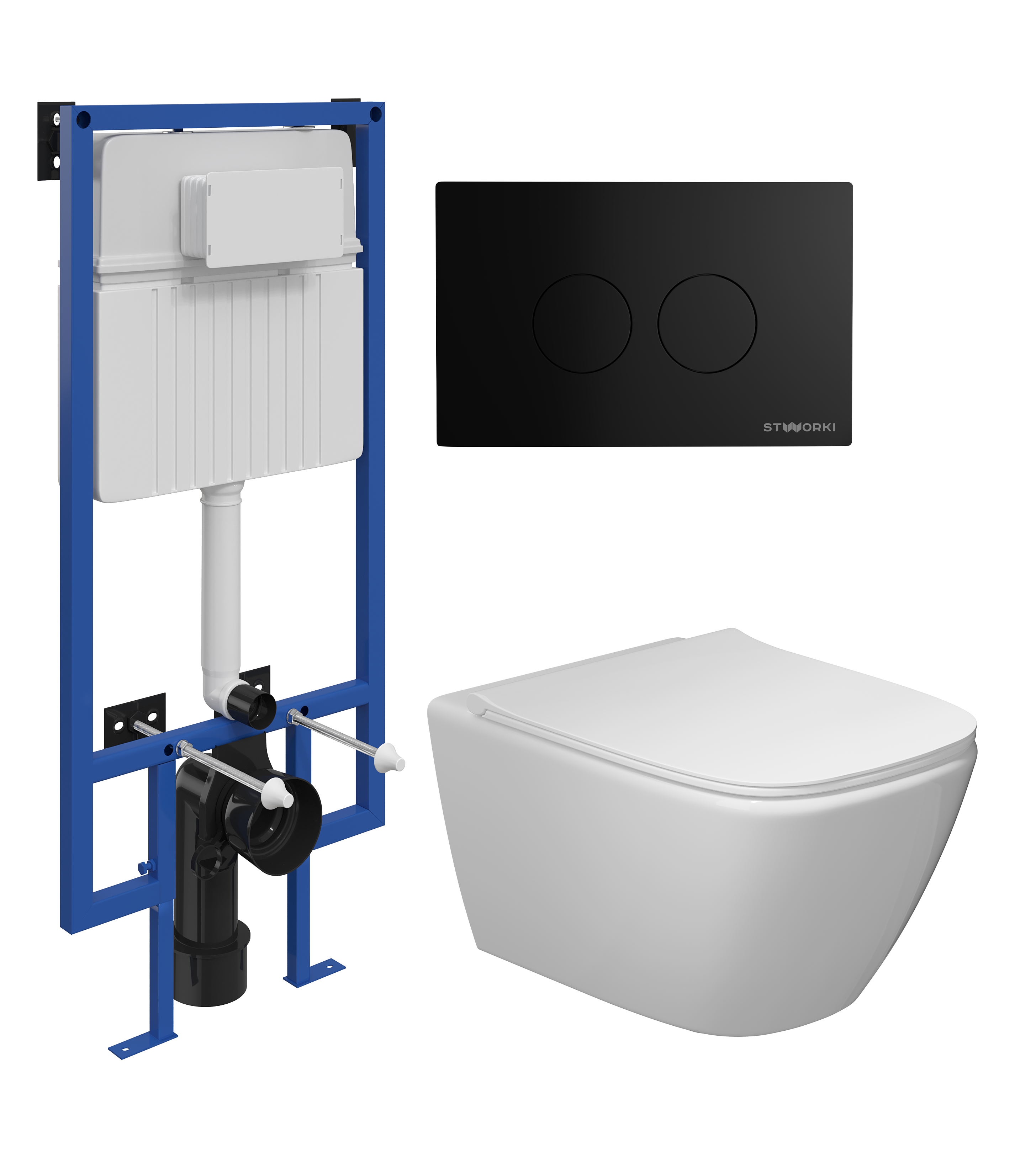 Комплект 4 в 1 Унитаз подвесной STWORKI Карлстад 5610 безободковый + Сиденье Lento 0405 быстросъемное, с микролифтом + Инсталляция 510162 + Кнопка Хельсинки 500471 цвет матовый черный