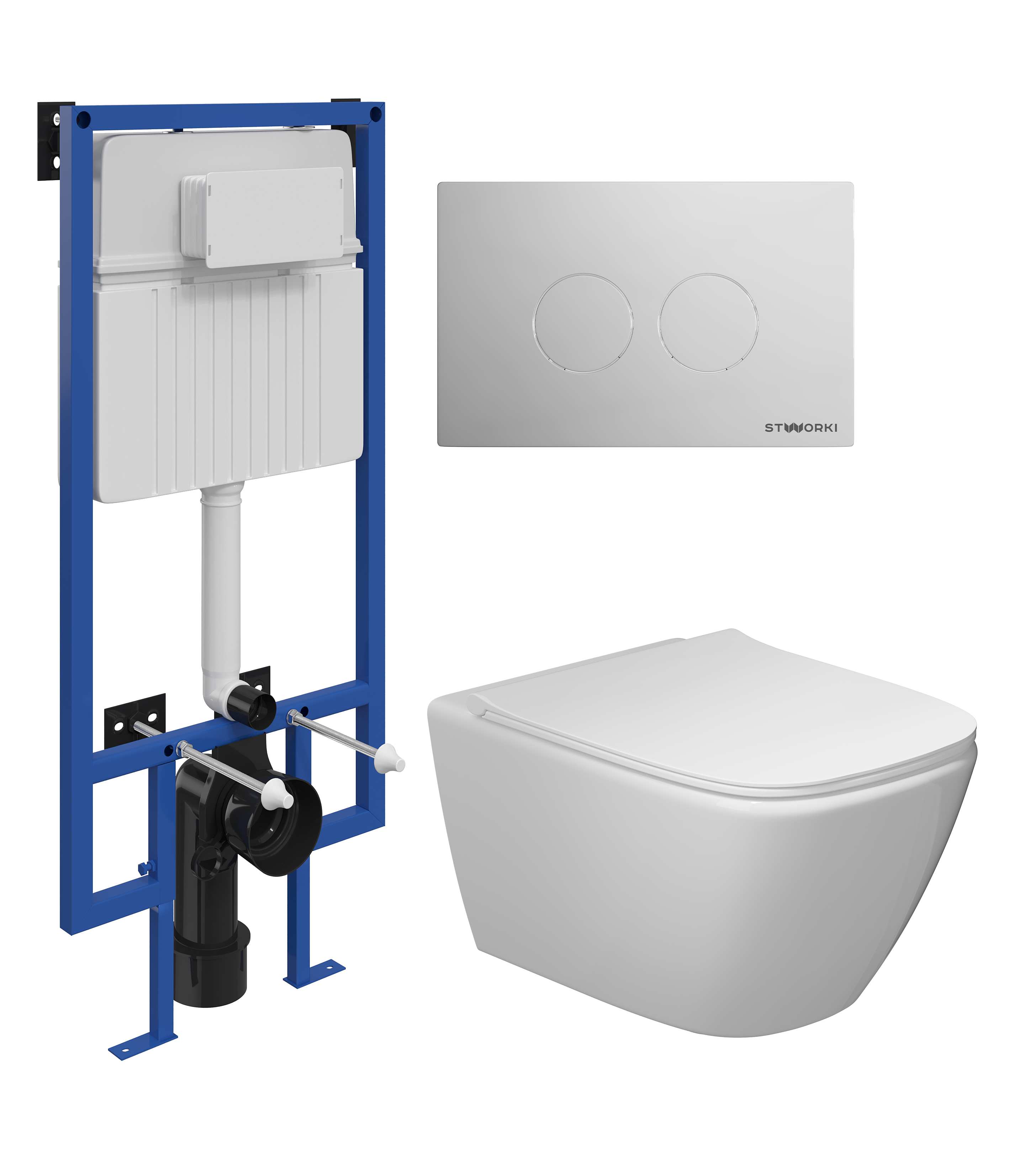 Комплект 4 в 1 Унитаз подвесной STWORKI Карлстад 5610 безободковый + Сиденье Lento 0405 быстросъемное, с микролифтом + Инсталляция 510162 + Кнопка Хельсинки 500472 цвет глянцевый хром