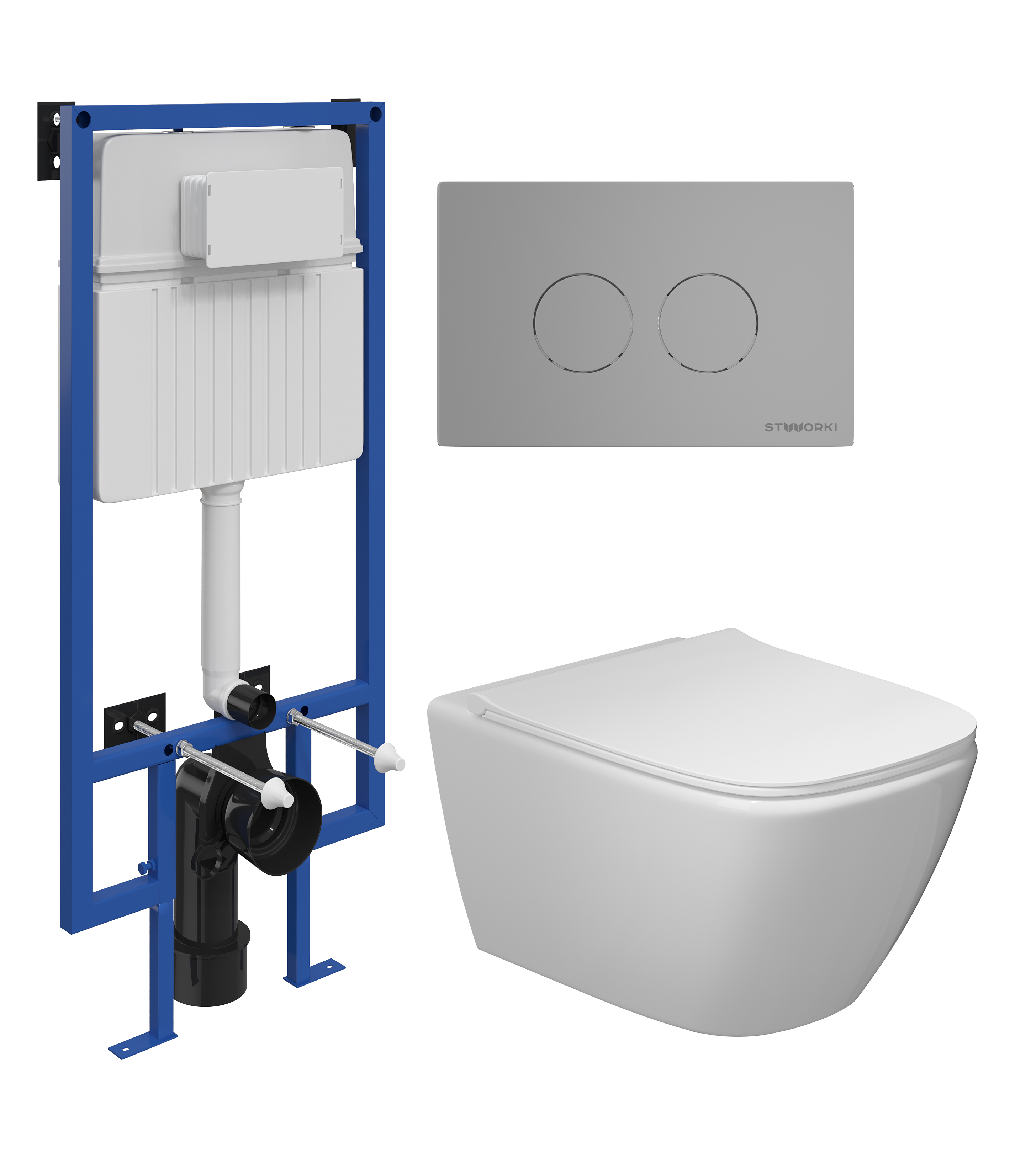 Комплект 4 в 1 Унитаз подвесной STWORKI Карлстад 5610 безободковый + Сиденье Lento 0405 быстросъемное, с микролифтом + Инсталляция 510162 + Кнопка Хельсинки 500473 цвет матовый хром