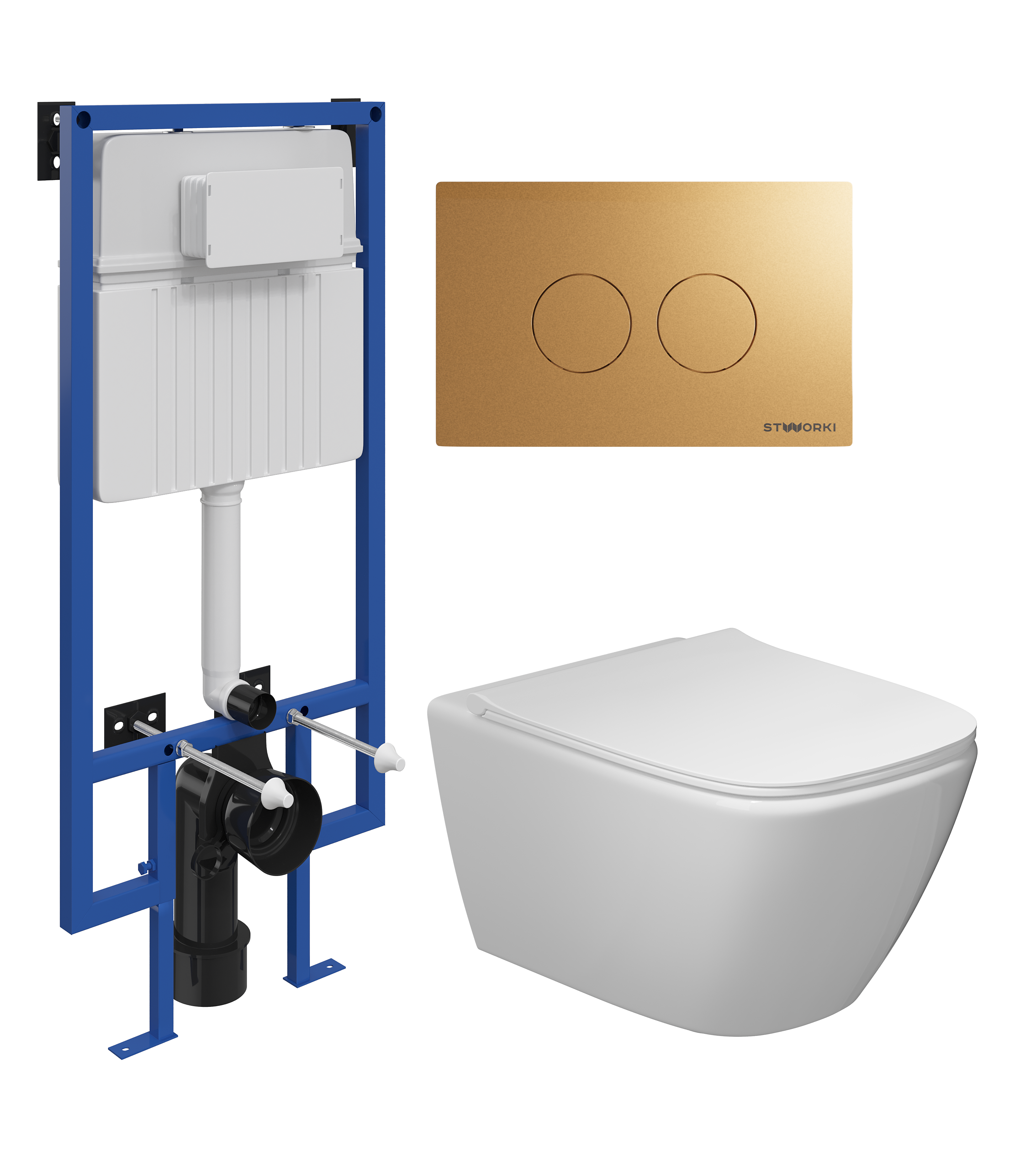 Комплект 4 в 1 Унитаз подвесной STWORKI Карлстад 5610 безободковый + Сиденье Lento 0405 быстросъемное, с микролифтом + Инсталляция 510162 + Кнопка Хельсинки 500474 цвет матовое золото