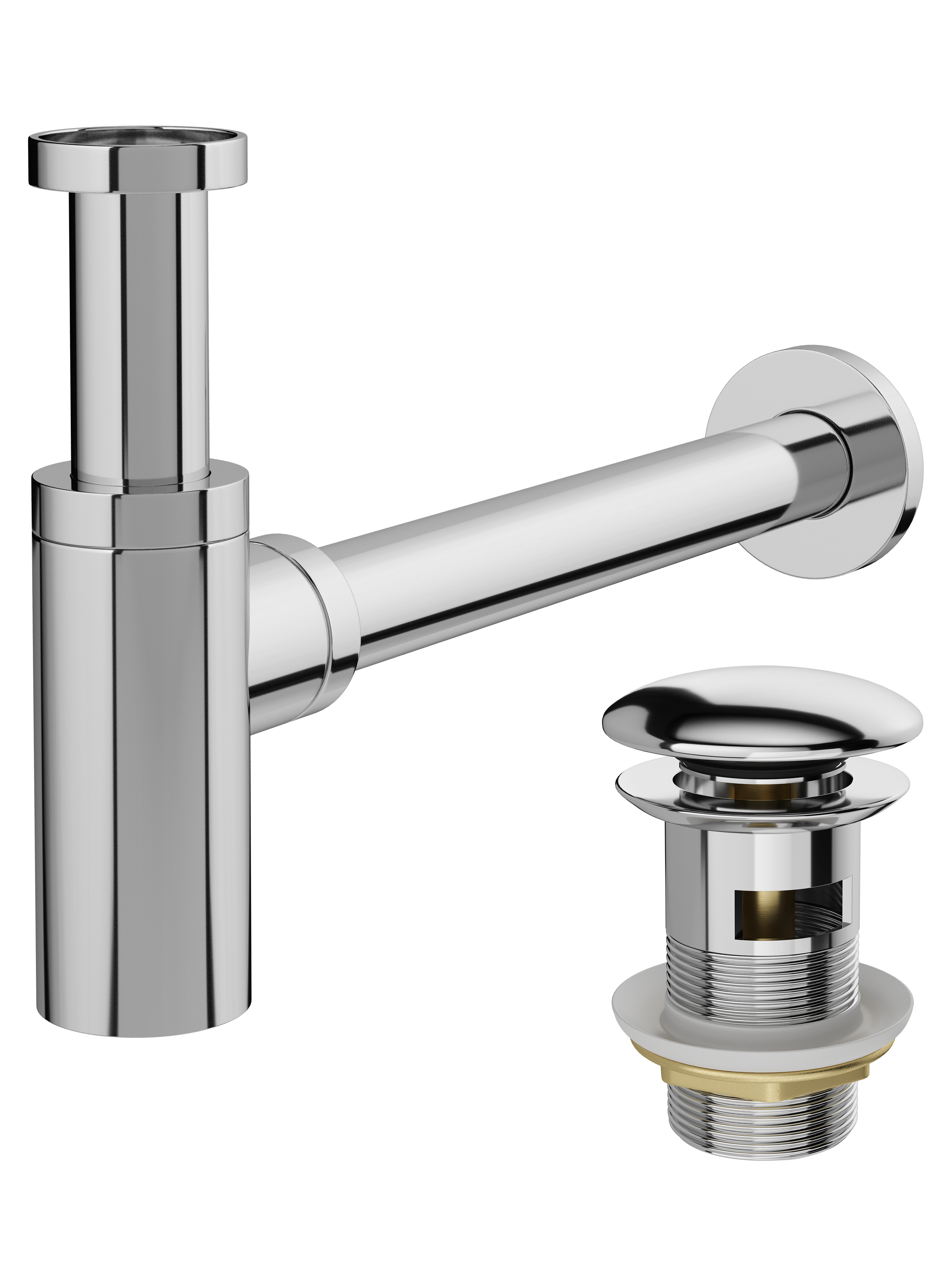 Комплект Донный клапан STWORKI SW-001CR с переливом, хром + Сифон SD-001CR 32 мм, бутылочный, хром