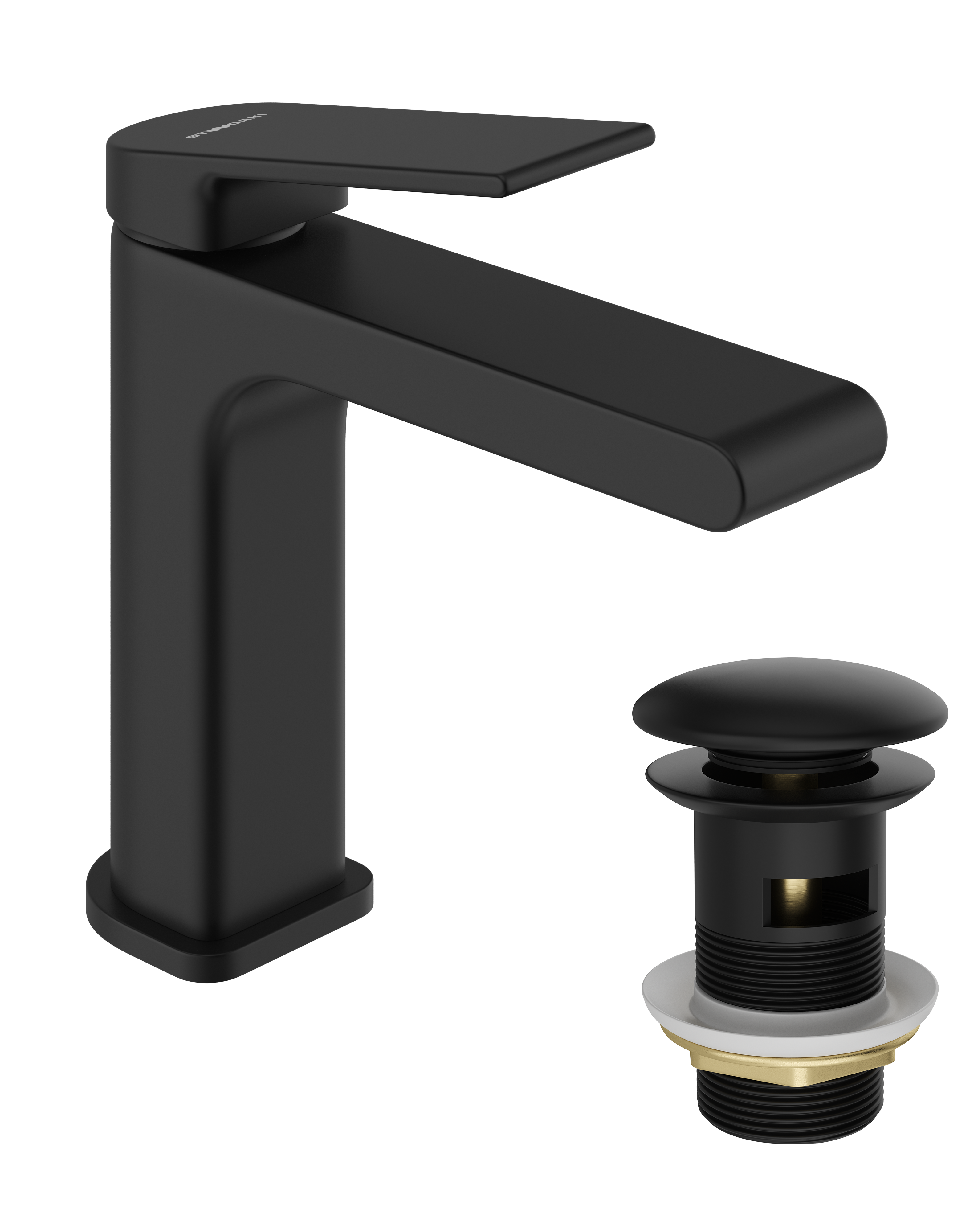 Смеситель для раковины STWORKI Ольборг S20010BK + донный клапан SD-001BK черный матовый