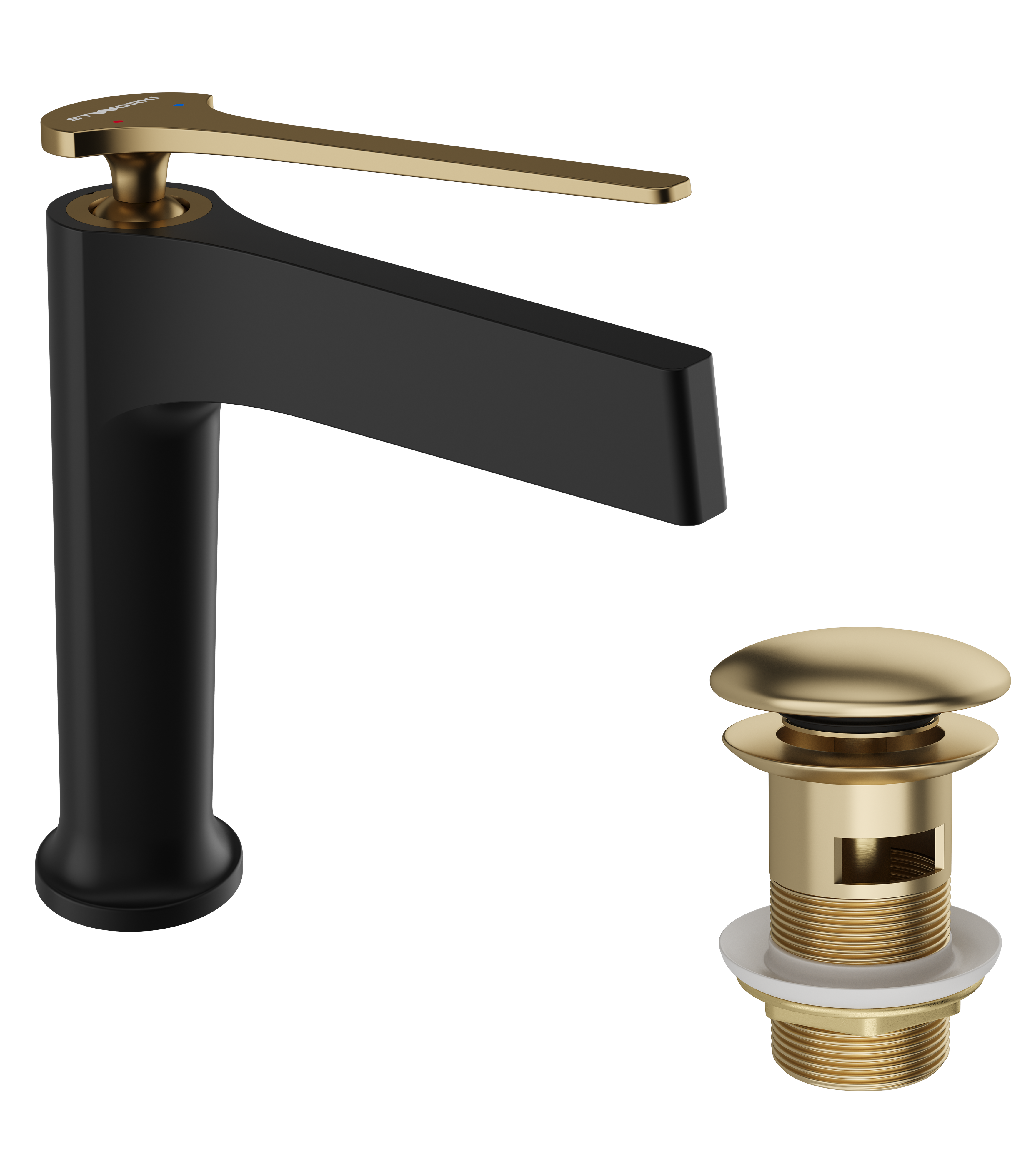 Смеситель для раковины STWORKI Аулум S06010BG матовый черный, матовое золото + донный клапан SD-001GM матовое золото