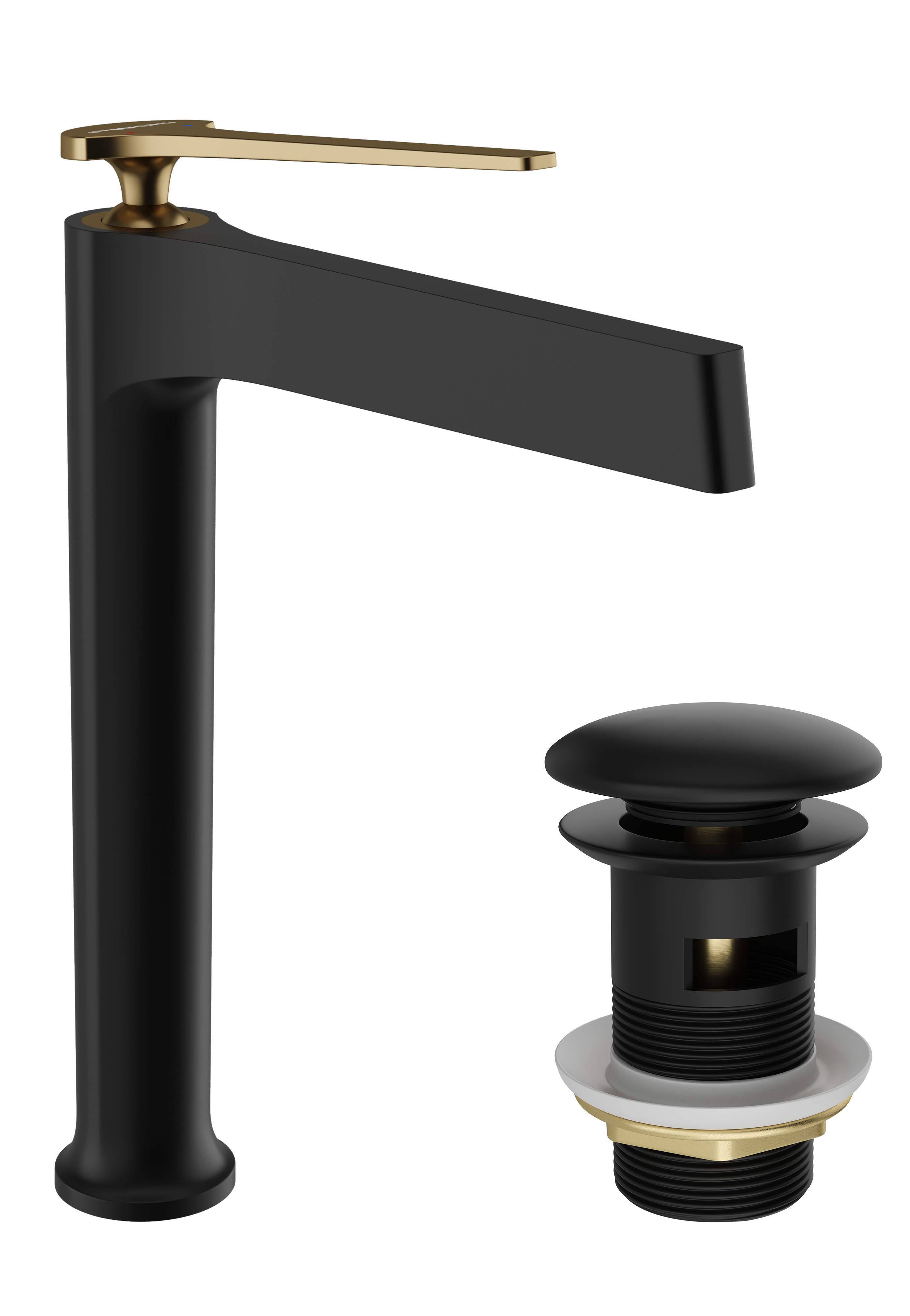 Смеситель для раковины STWORKI Аулум S06020BG матовый черный, матовое золото + донный клапан SD-001BK матовый черный