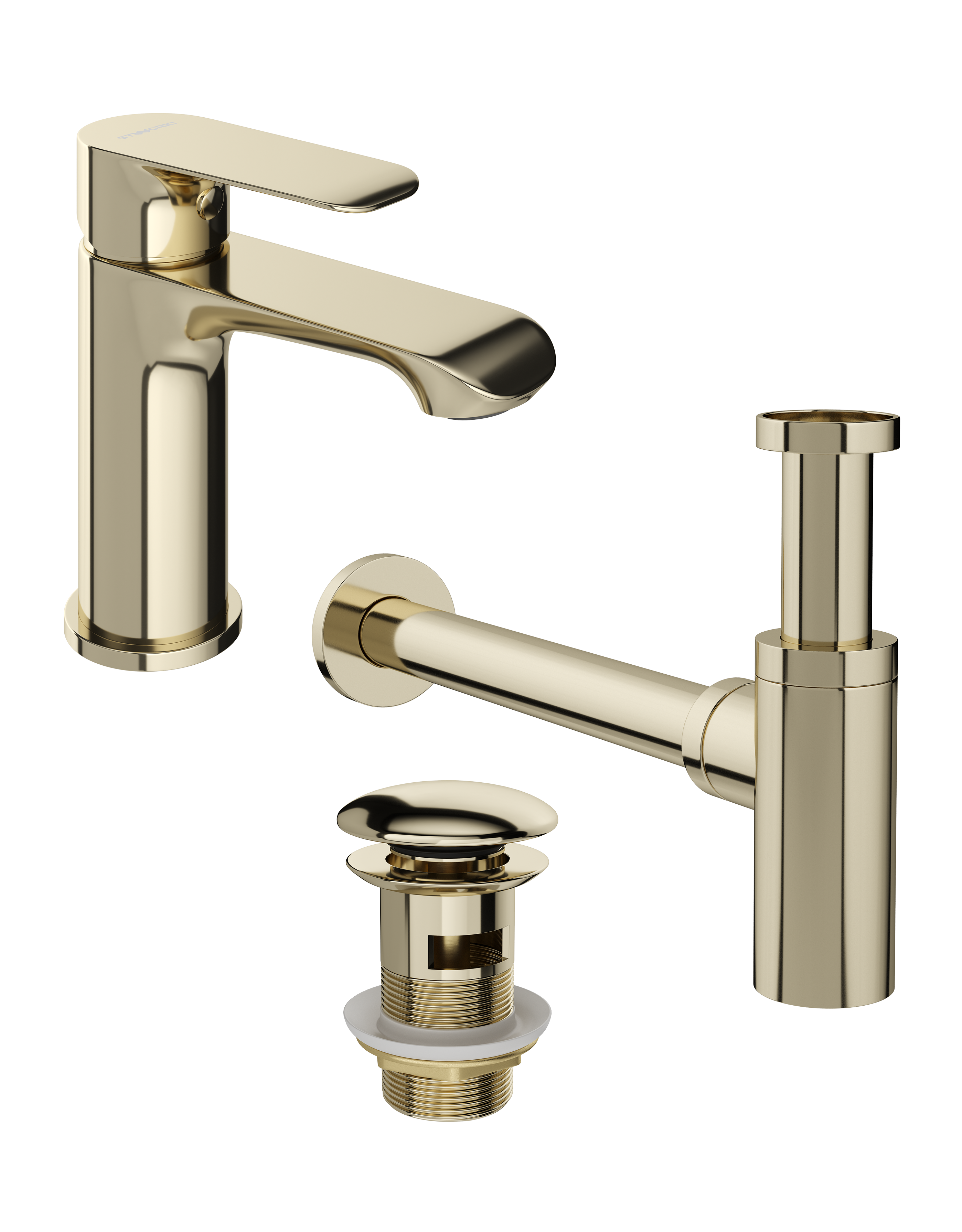 Комплект Смеситель STWORKI Копенгаген S42010GG глянцевое золото + Сифон SD-001GG + Донный клапан SW-001GG