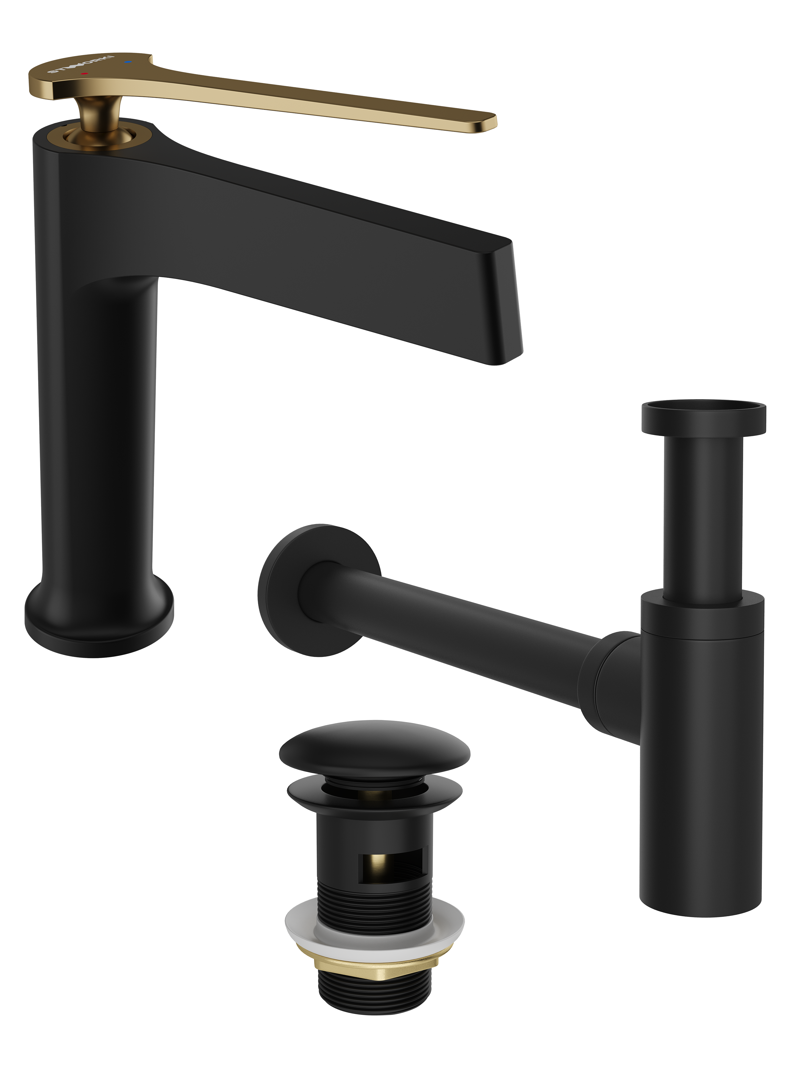 Комплект Смеситель STWORKI Аулум S06010BG матовый черный, матовое золото + Сифон SD-001BK черный матовый + Донный клапан SW-001BK черный матовый