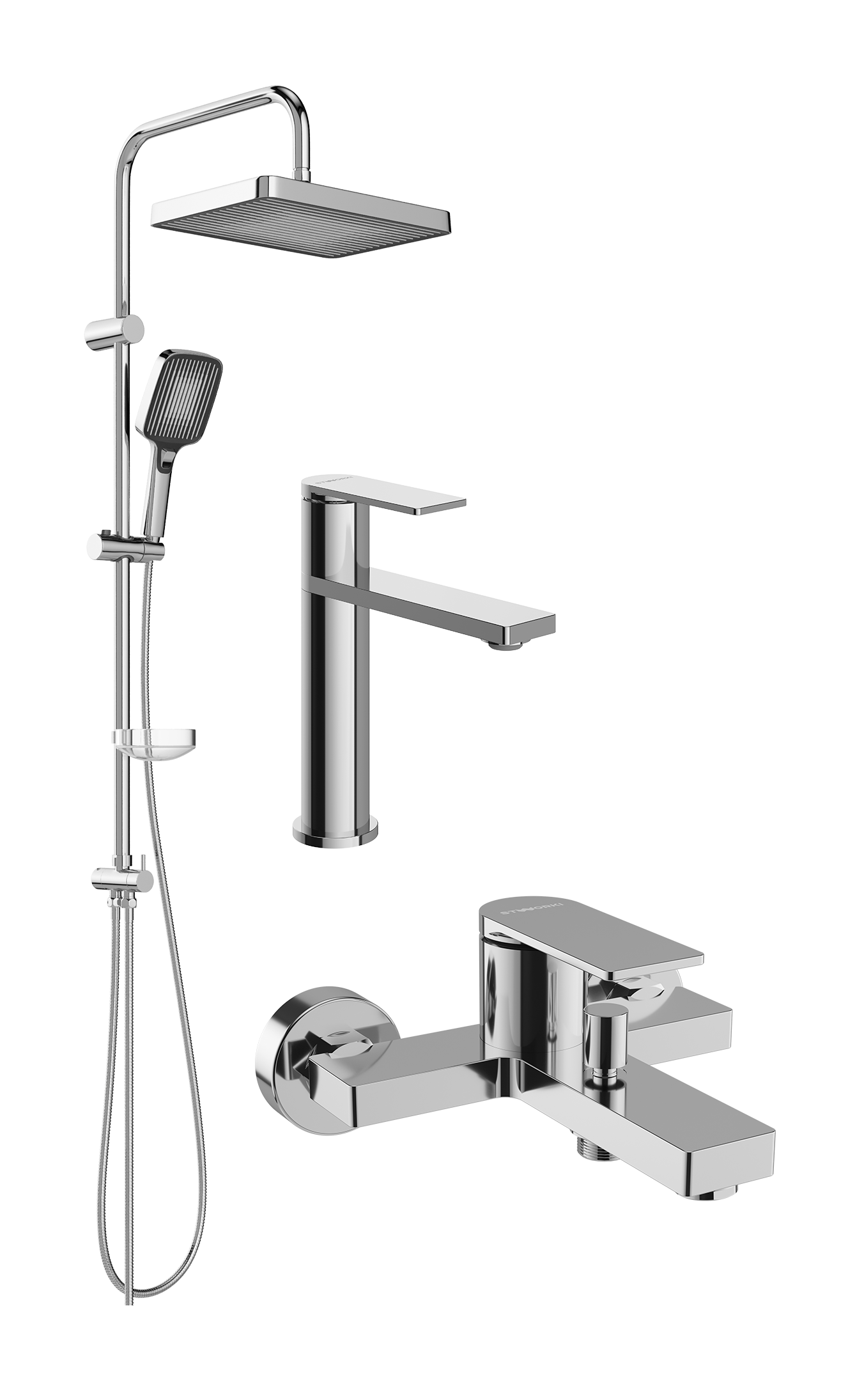Комплект для ванной Смеситель STWORKI Олланд S01010CR хром + Стойка Берген S21180CR хром + Смеситель S01100CR хром