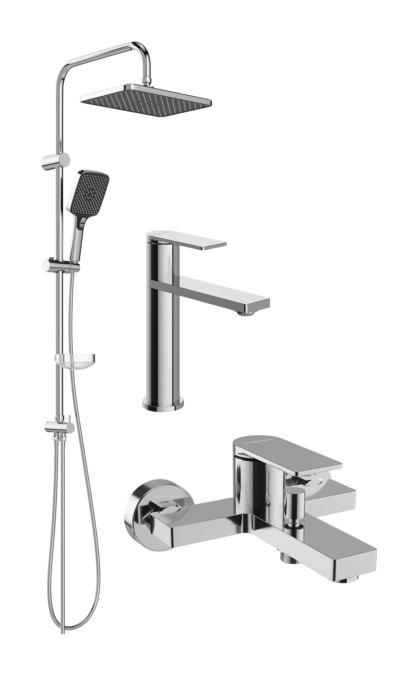 Комплект для ванной Смеситель STWORKI Олланд S01010CR хром + Стойка Колдинг S32180CR хром + Смеситель S01100CR хром