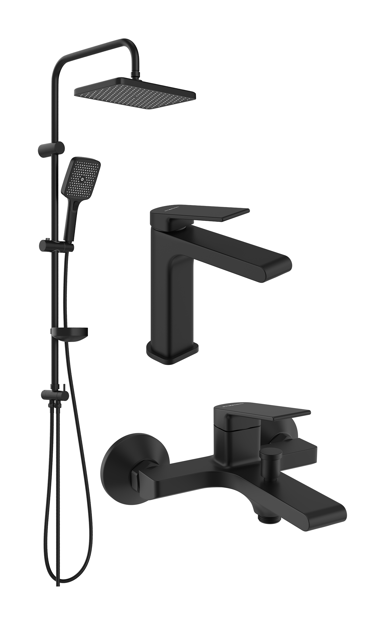 Комплект для ванной Смеситель STWORKI Ольборг S20010BK черный + Стойка Вестерос S26180BK матовая черная + Смеситель S20100BK матовый черный