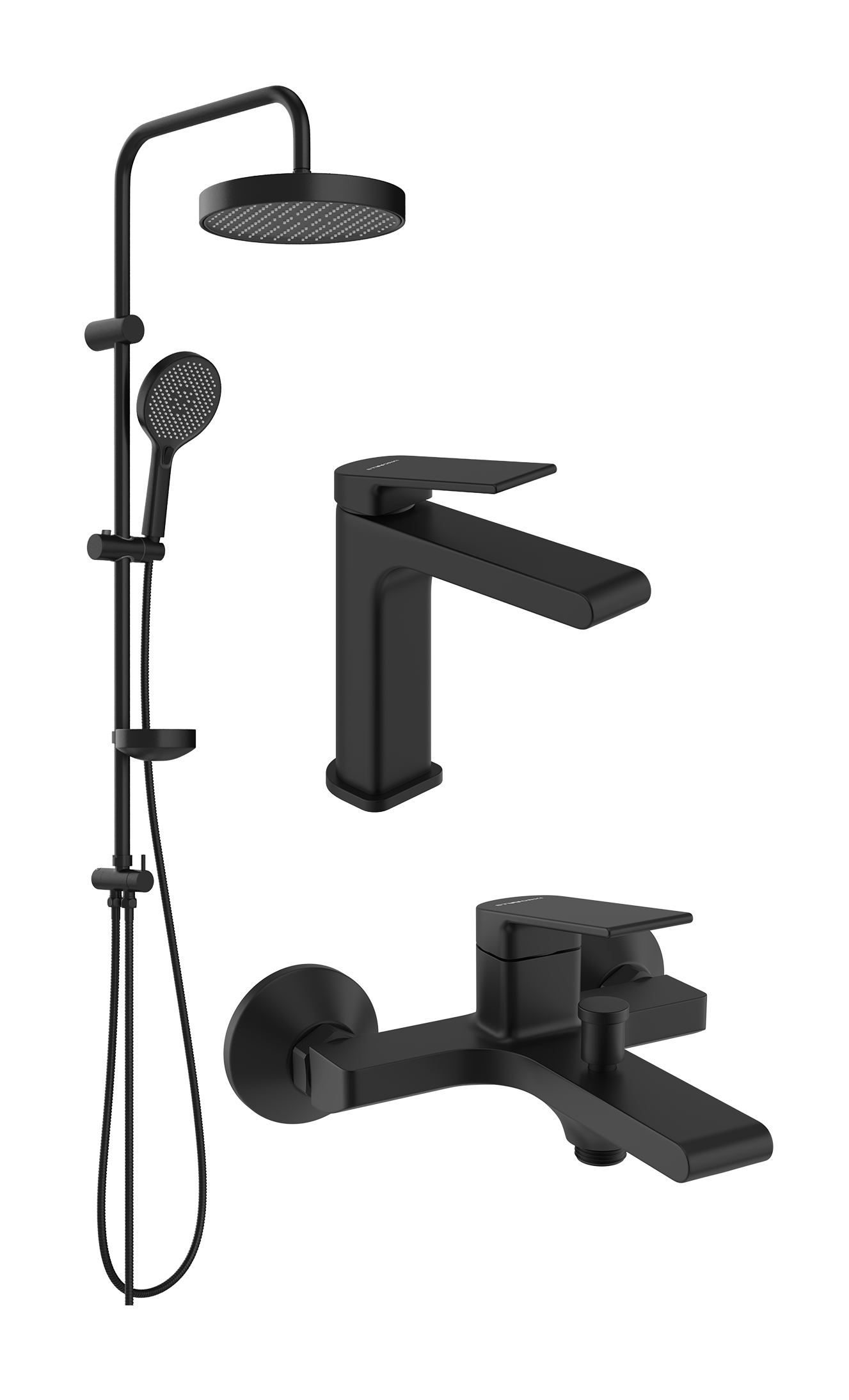 Комплект для ванной Смеситель STWORKI Ольборг S20010BK черный + Стойка Молде S23180BK матовая черная + Смеситель S20100BK матовый черный