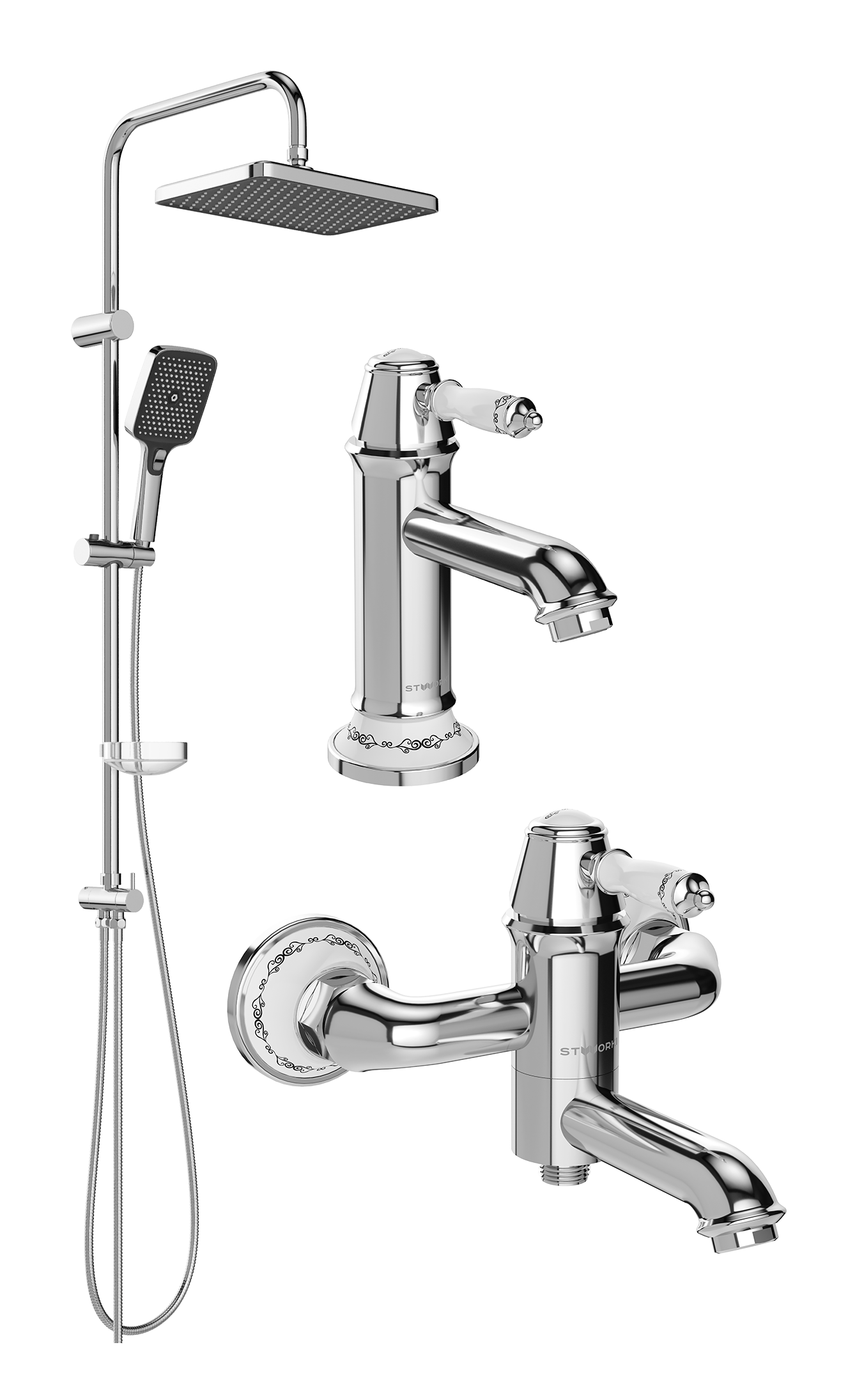 Комплект для ванной Смеситель STWORKI Свендборг S02010CR хром + Стойка Вестерос S26180CR хром + Смеситель S02100CR хром