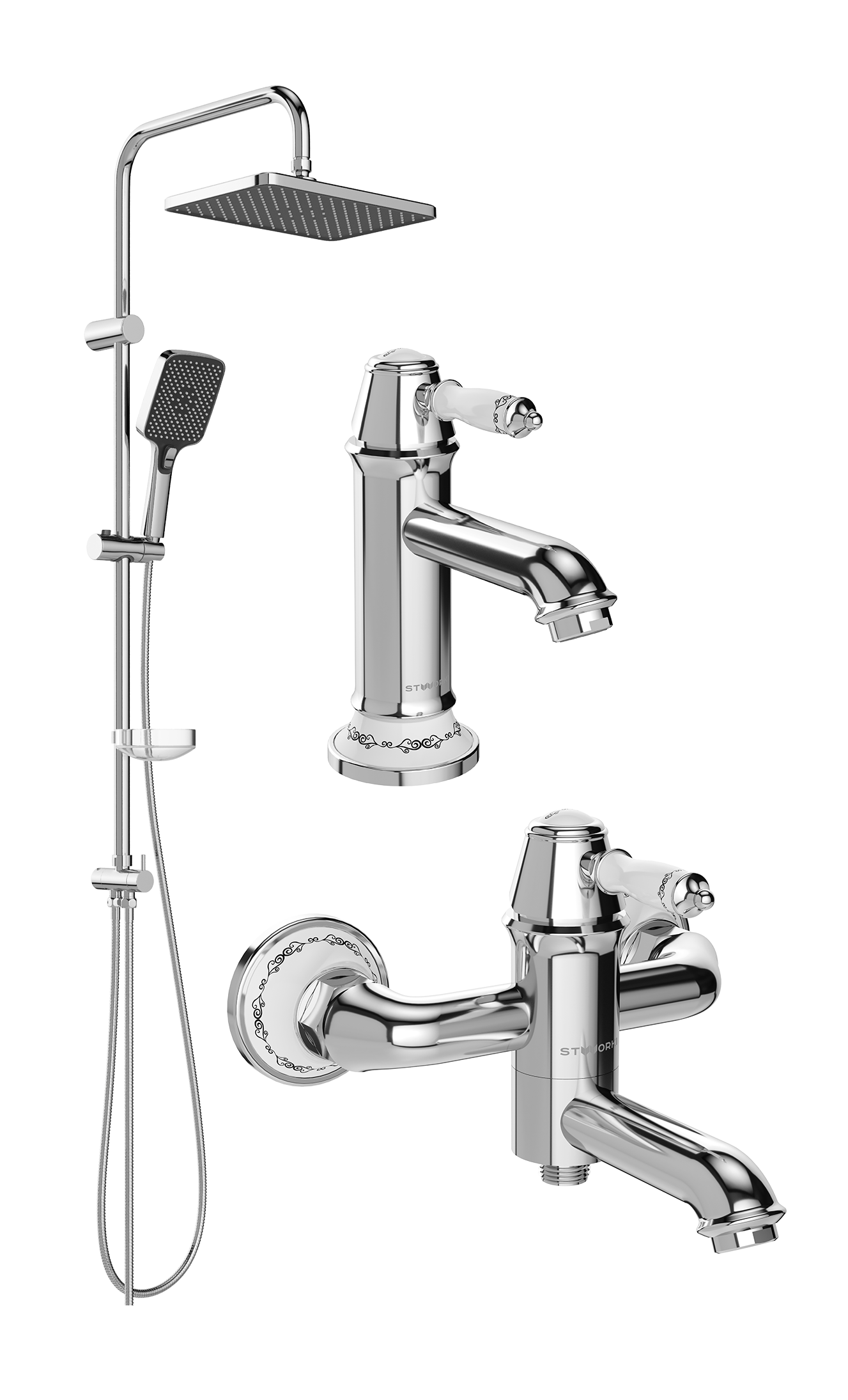 Комплект для ванной Смеситель STWORKI Свендборг S02010CR хром + Стойка Колдинг S32180CR хром + Смеситель S02100CR хром