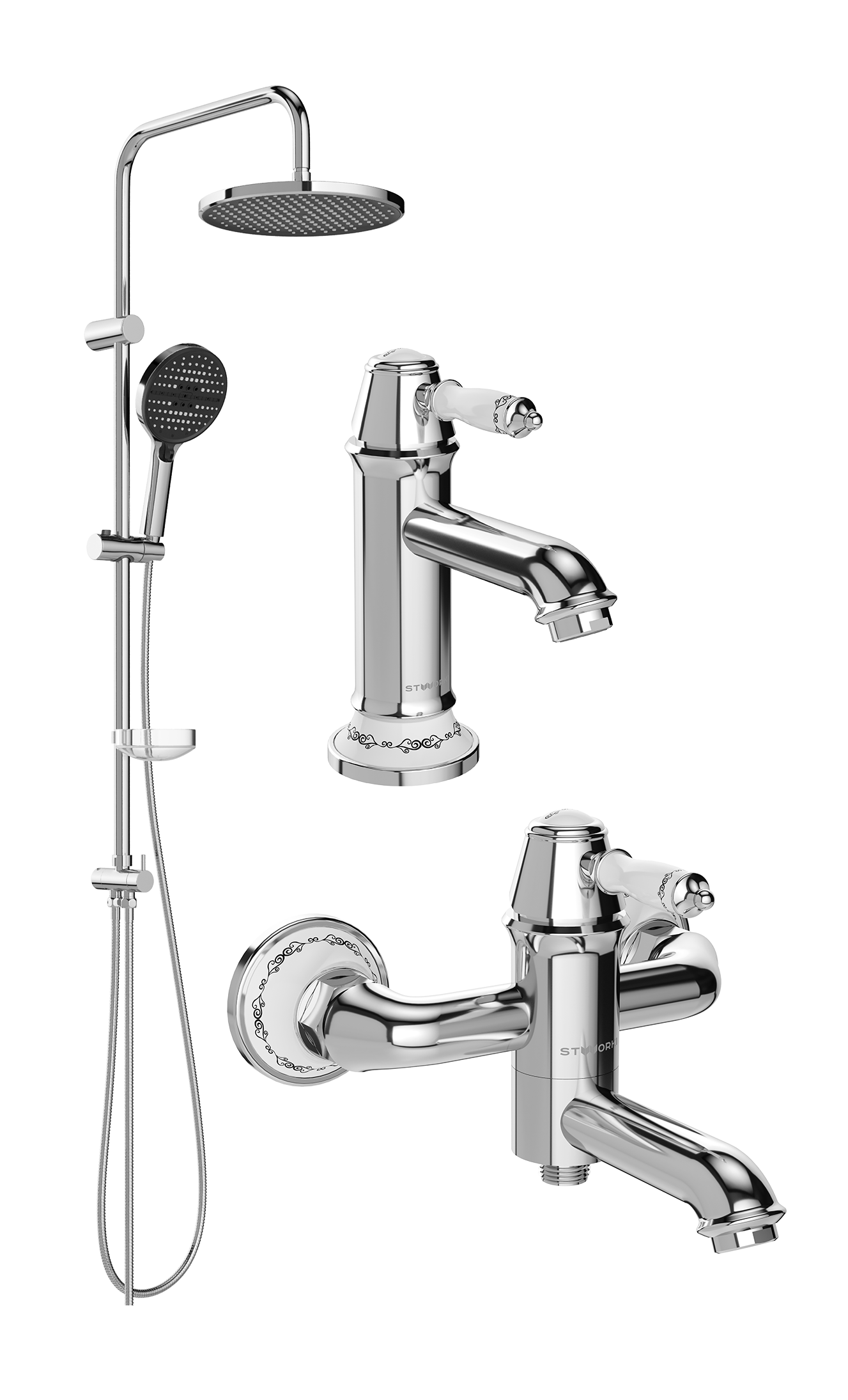 Комплект для ванной Смеситель STWORKI Свендборг S02010CR хром + Стойка Хальмстад S15180CR хром + Смеситель S02100CR хром