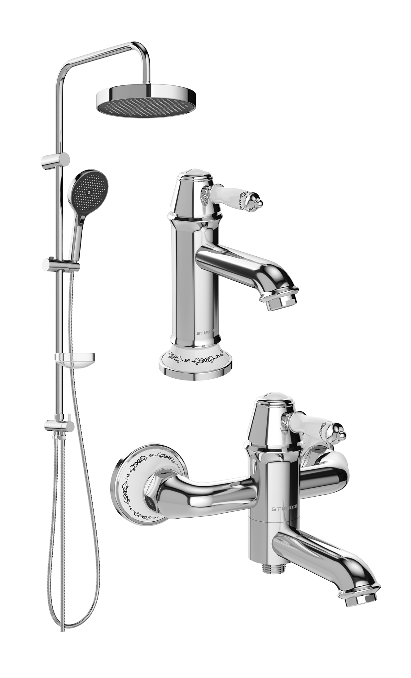 Комплект для ванной Смеситель STWORKI Свендборг S02010CR хром + Стойка Монтре S30180CR + Смеситель S02100CR хром