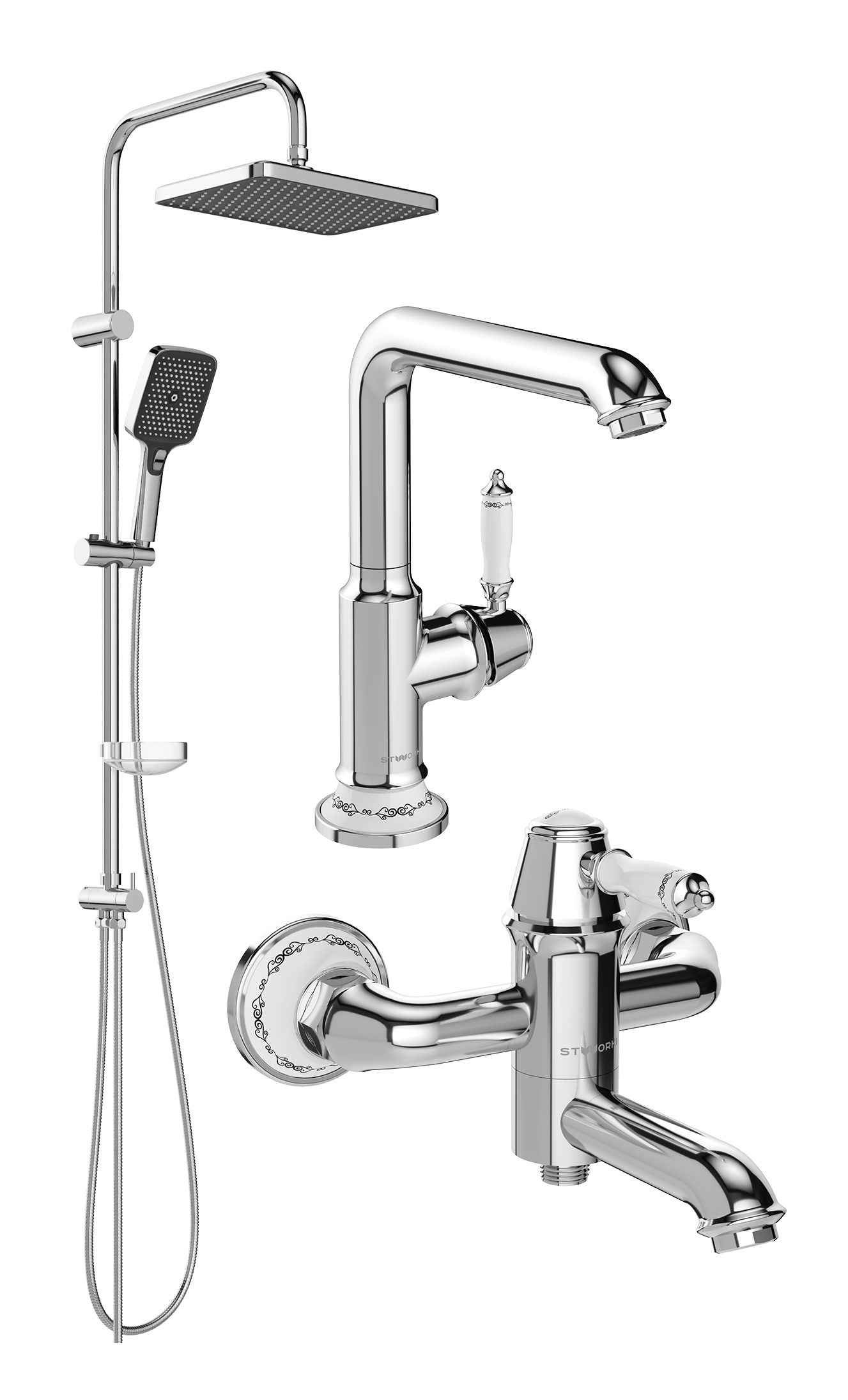 Комплект для ванной Смеситель STWORKI Свендборг S02020CR хром + Стойка Вестерос S26180CR хром + Смеситель S02100CR хром