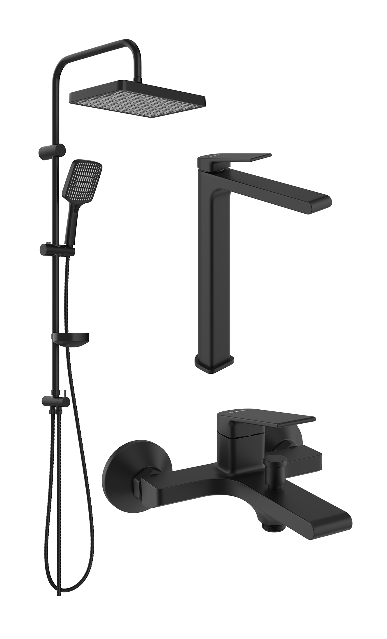 Комплект для ванной Смеситель STWORKI Ольборг S20020BK черный + Стойка Хадстен S17180BK матовая черная + Смеситель S20100BK матовый черный