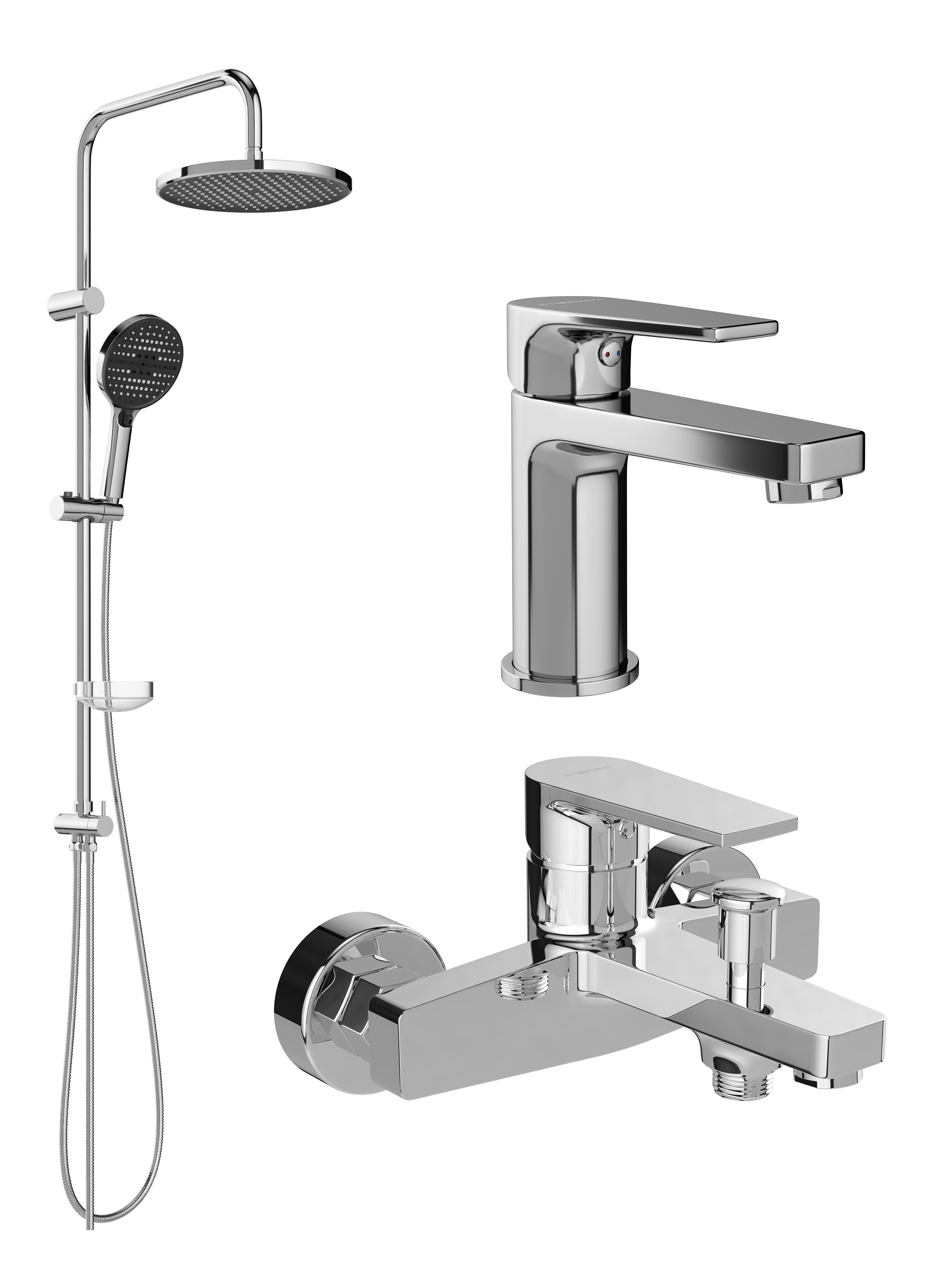 Комплект для ванной Смеситель STWORKI Берген S21010CR хром + Стойка Хальмстад S15180CR хром + Смеситель S21100CR хром