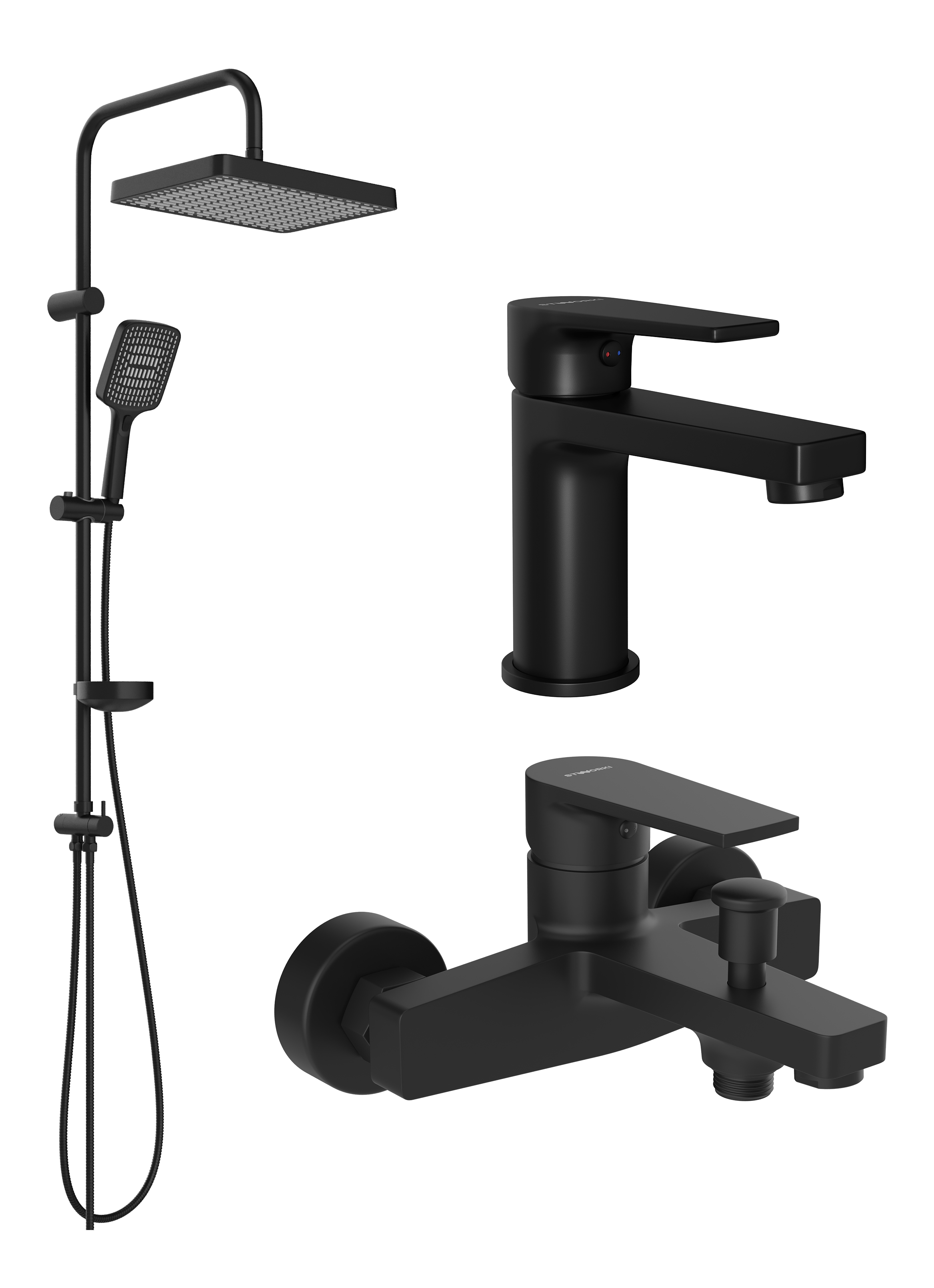 Комплект для ванной Смеситель STWORKI Берген S21010BK черный + Стойка Хадстен S17180BK матовая черная + Смеситель S21100BK матовый черный