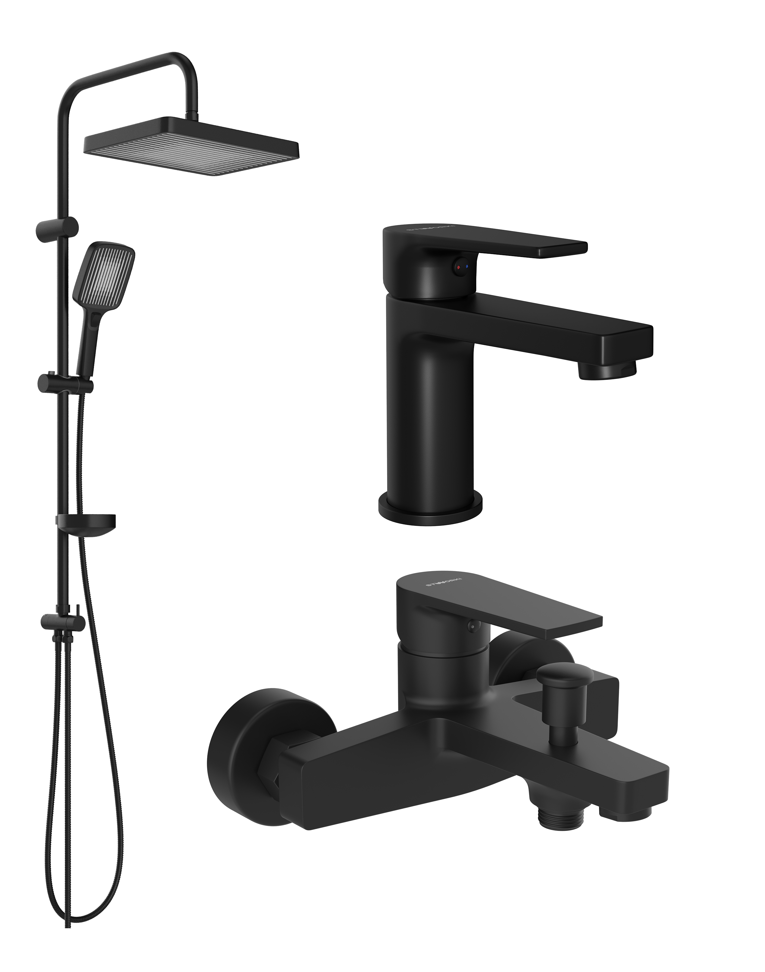 Комплект для ванной Смеситель STWORKI Берген S21010BK черный + Стойка S21180BK матовая черная + Смеситель S21100BK матовый черный