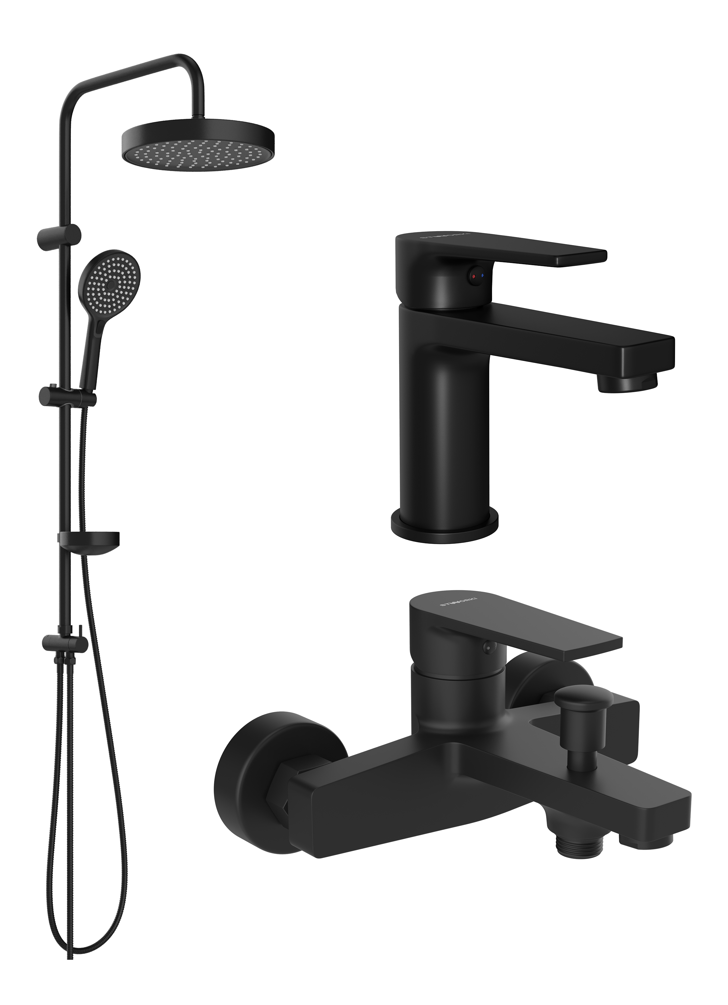 Комплект для ванной Смеситель STWORKI Берген S21010BK черный + Стойка Хельсингборг S18180BK матовая черная + Смеситель S21100BK матовый черный