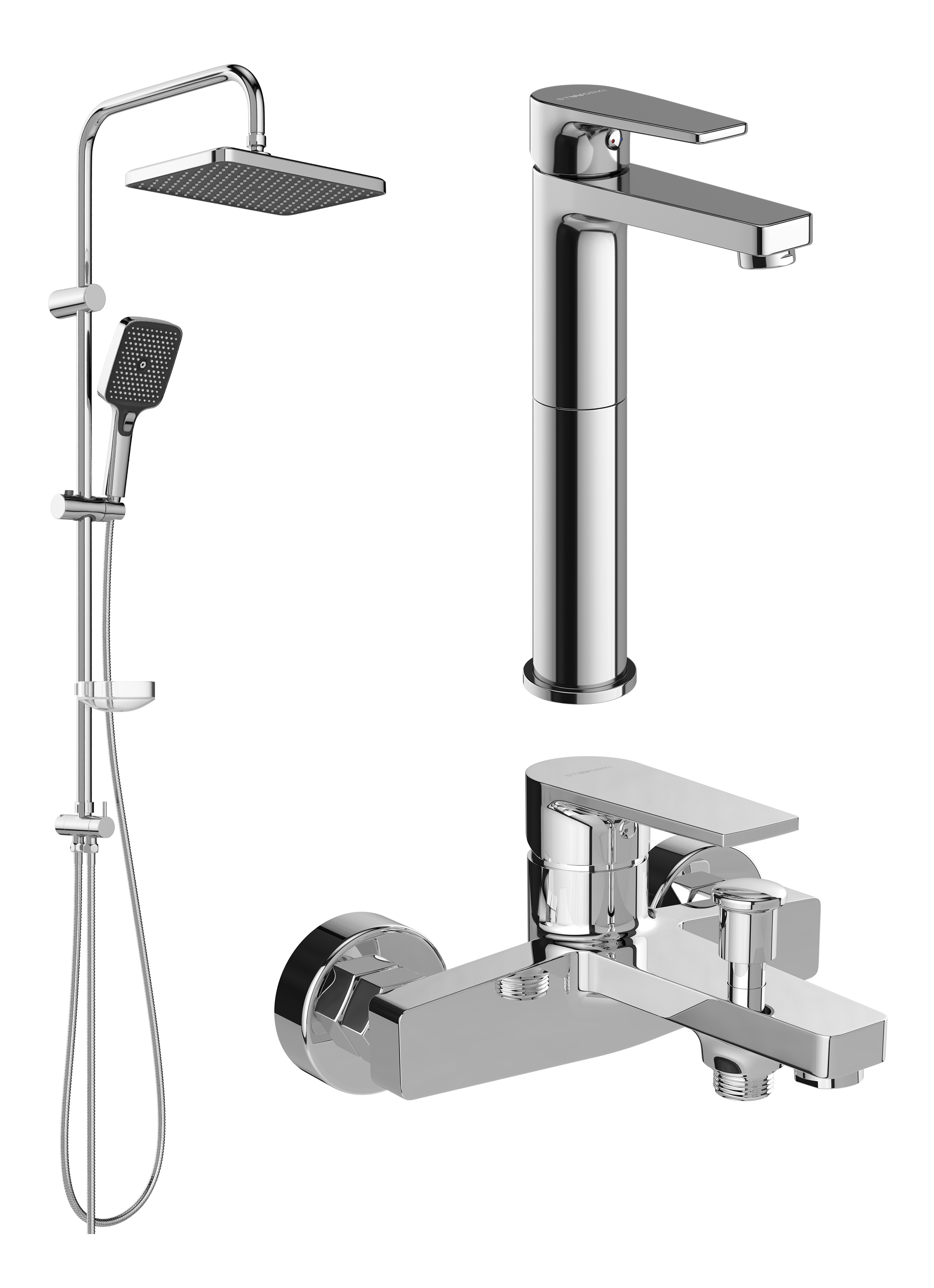 Комплект для ванной Смеситель STWORKI Берген S21020CR хром + Стойка Вестерос S26180CR хром + Смеситель S21100CR хром
