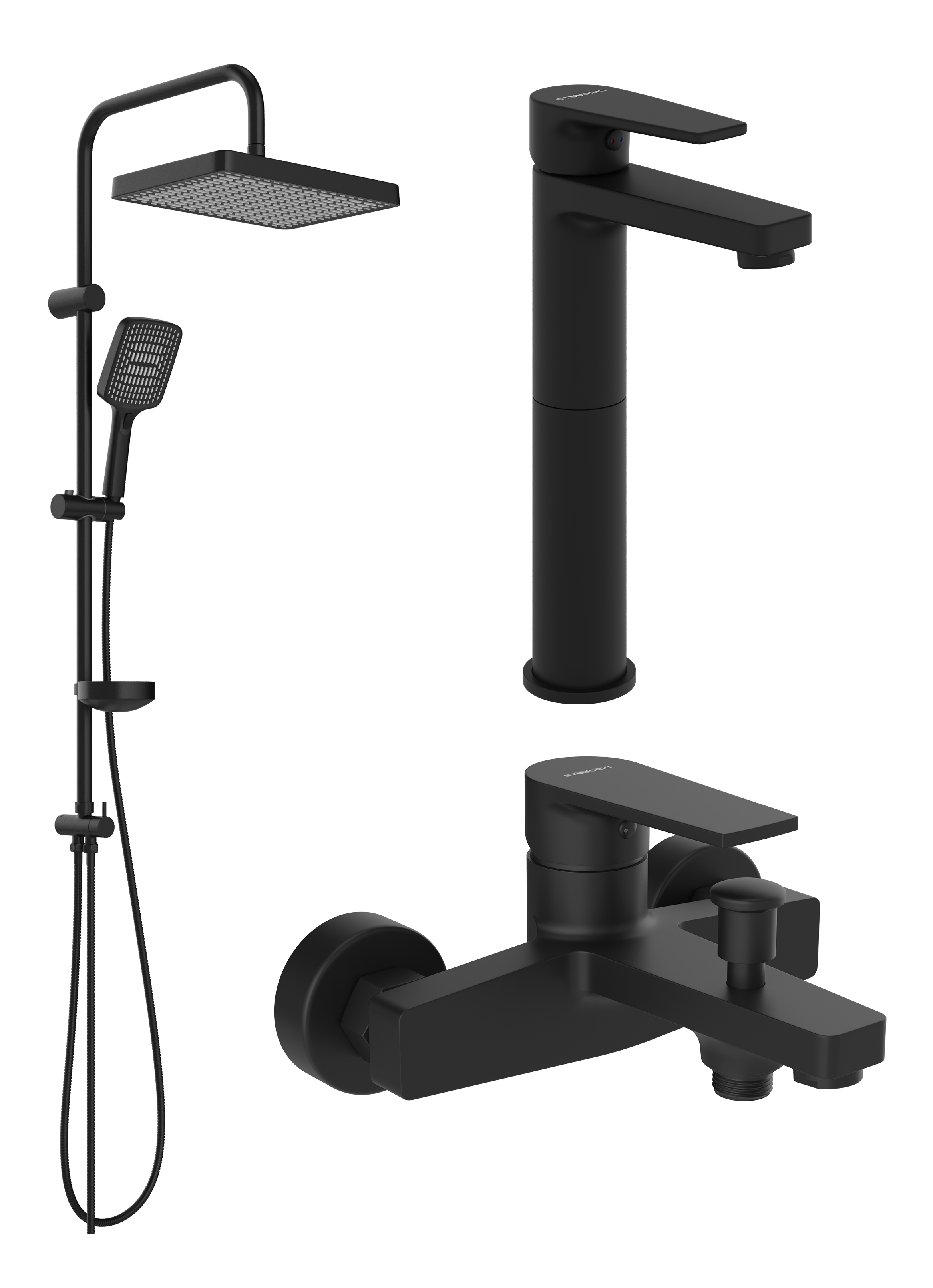 Комплект для ванной Смеситель STWORKI Берген S21020BK черный + Стойка Хадстен S17180BK матовая черная + Смеситель S21100BK матовый черный