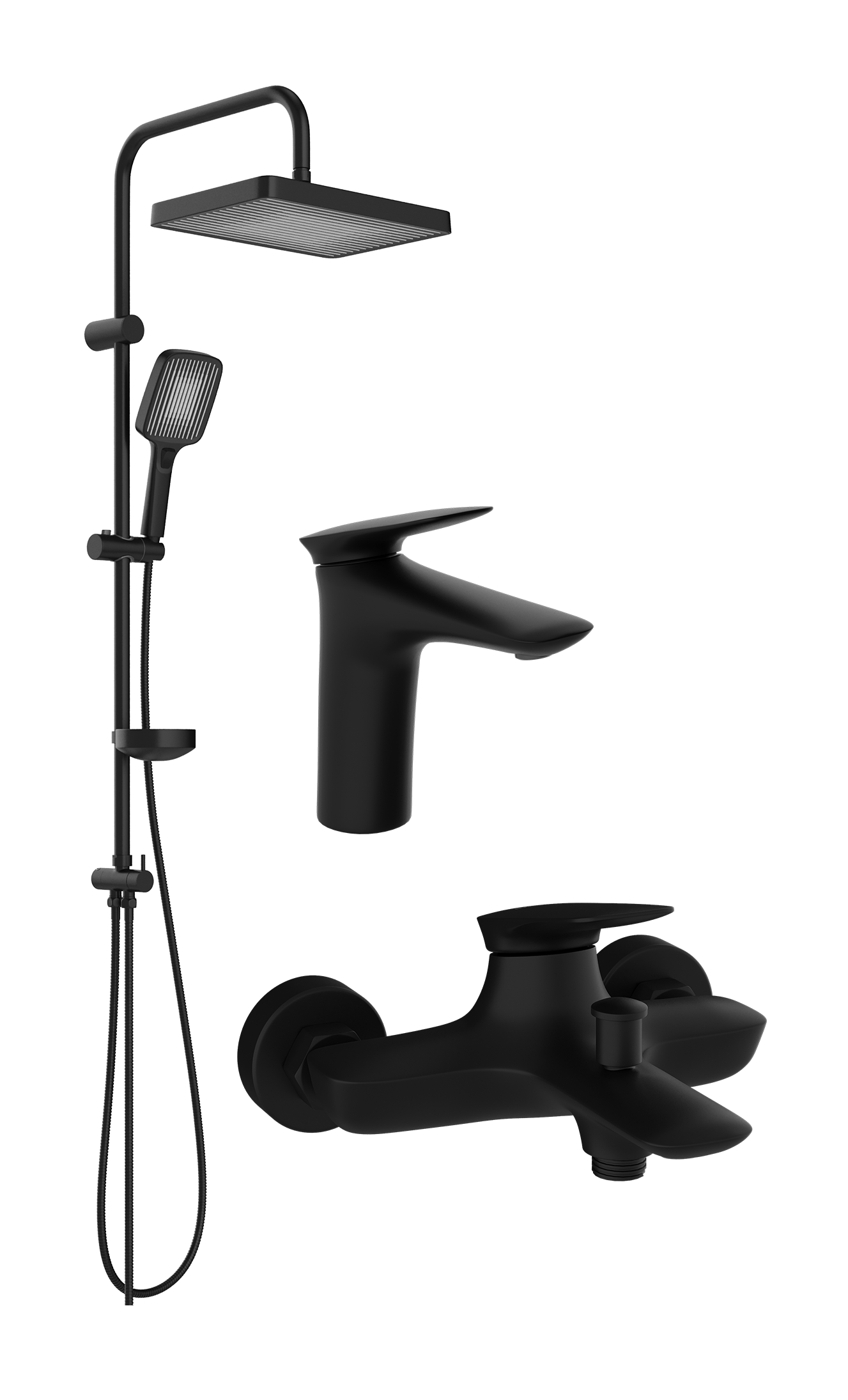 Комплект для ванной Смеситель STWORKI Молде S23010BK черный + Стойка Берген S21180BK матовая черная + Смеситель S23100BK матовый черный