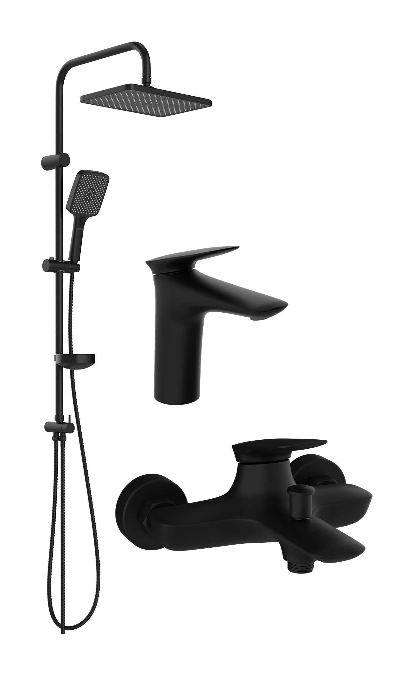 Комплект для ванной Смеситель STWORKI Молде S23010BK черный + Стойка Колдинг S32180BK матовая черная + Смеситель S23100BK матовый черный