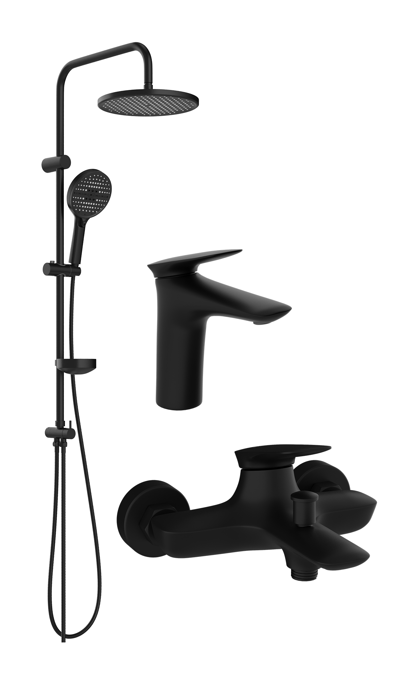 Комплект для ванной Смеситель STWORKI Молде S23010BK черный + Стойка Хальмстад S15180BK матовая черная + Смеситель S23100BK матовый черный