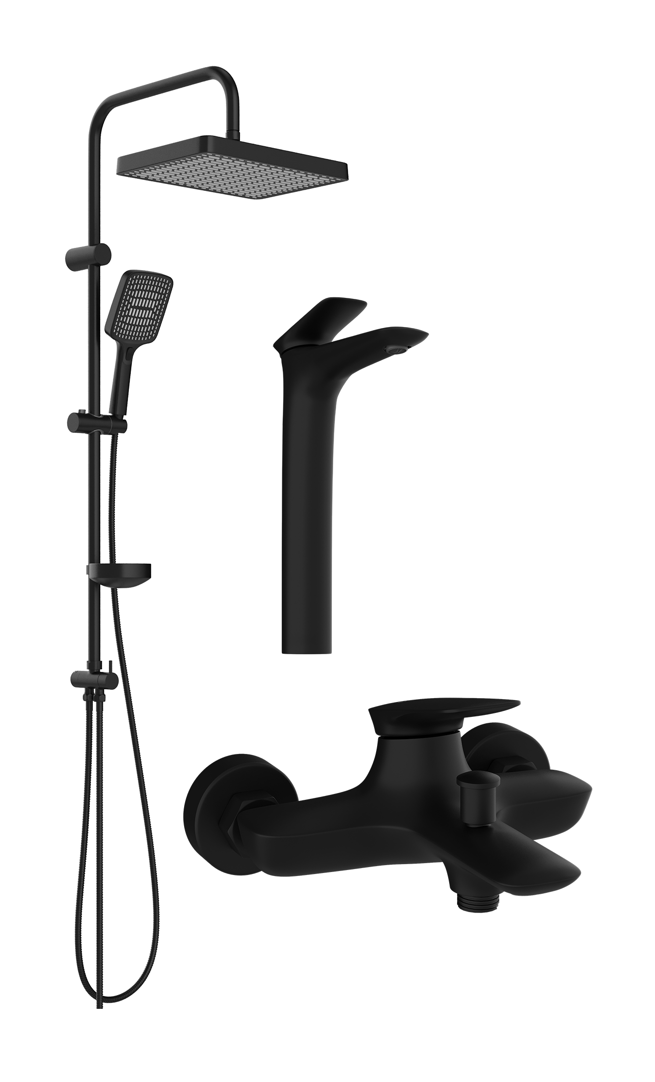 Комплект для ванной Смеситель STWORKI Молде S23020BK черный + Стойка Хадстен S17180BK матовая черная + Смеситель S23100BK матовый черный