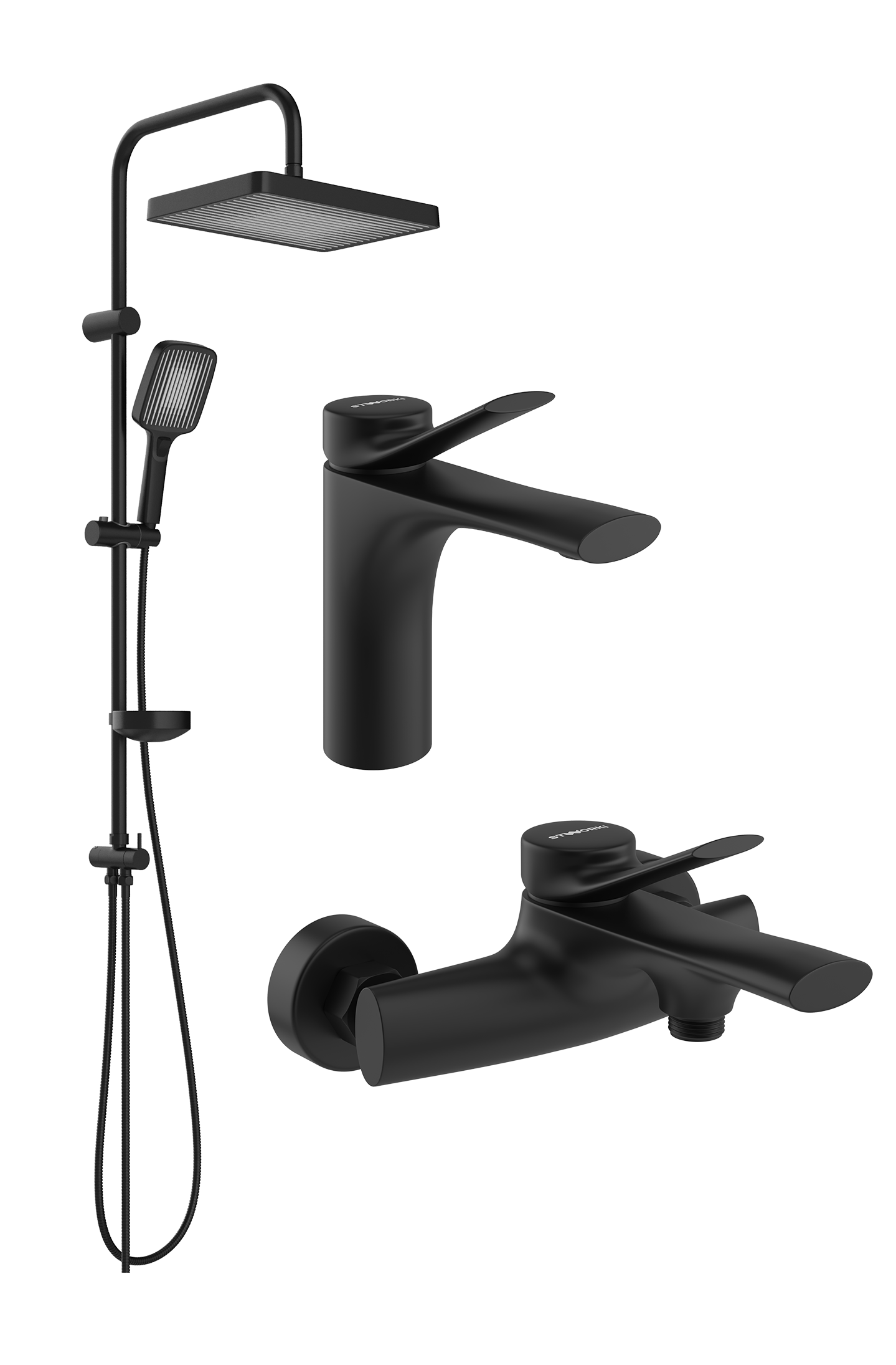 Комплект для ванной Смеситель STWORKI Ларвик S24010BK черный + Стойка Берген S21180BK матовая черная + Смеситель S24100BK матовый черный