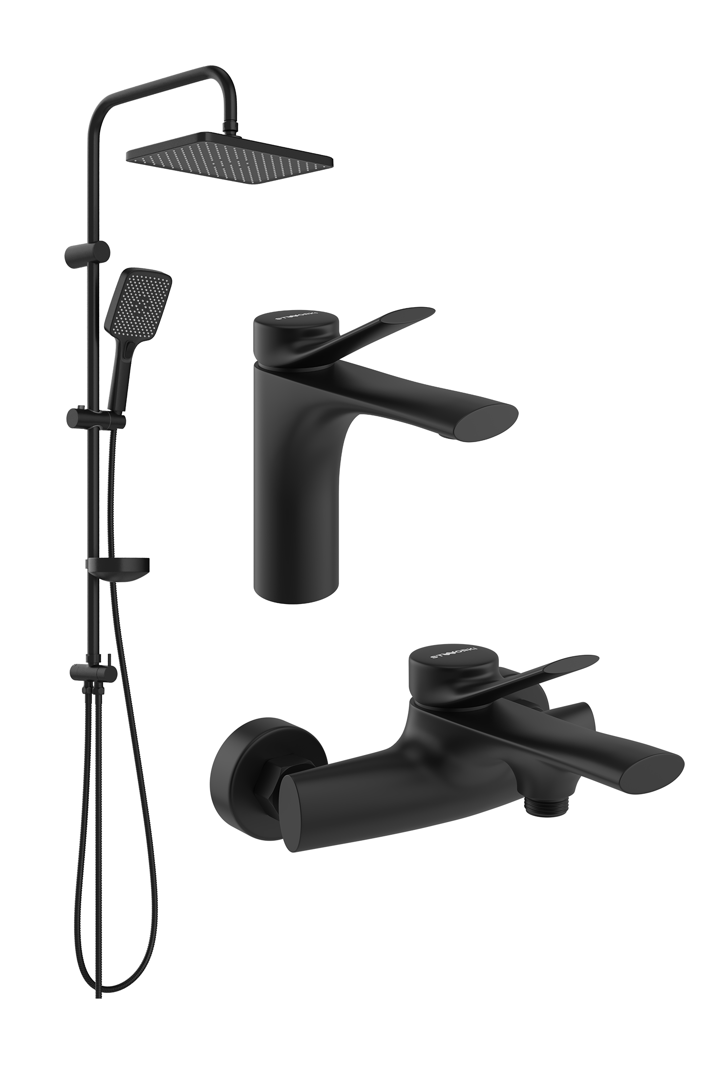 Комплект для ванной Смеситель STWORKI Ларвик S24010BK черный + Стойка Колдинг S32180BK матовая черная + Смеситель S24100BK матовый черный