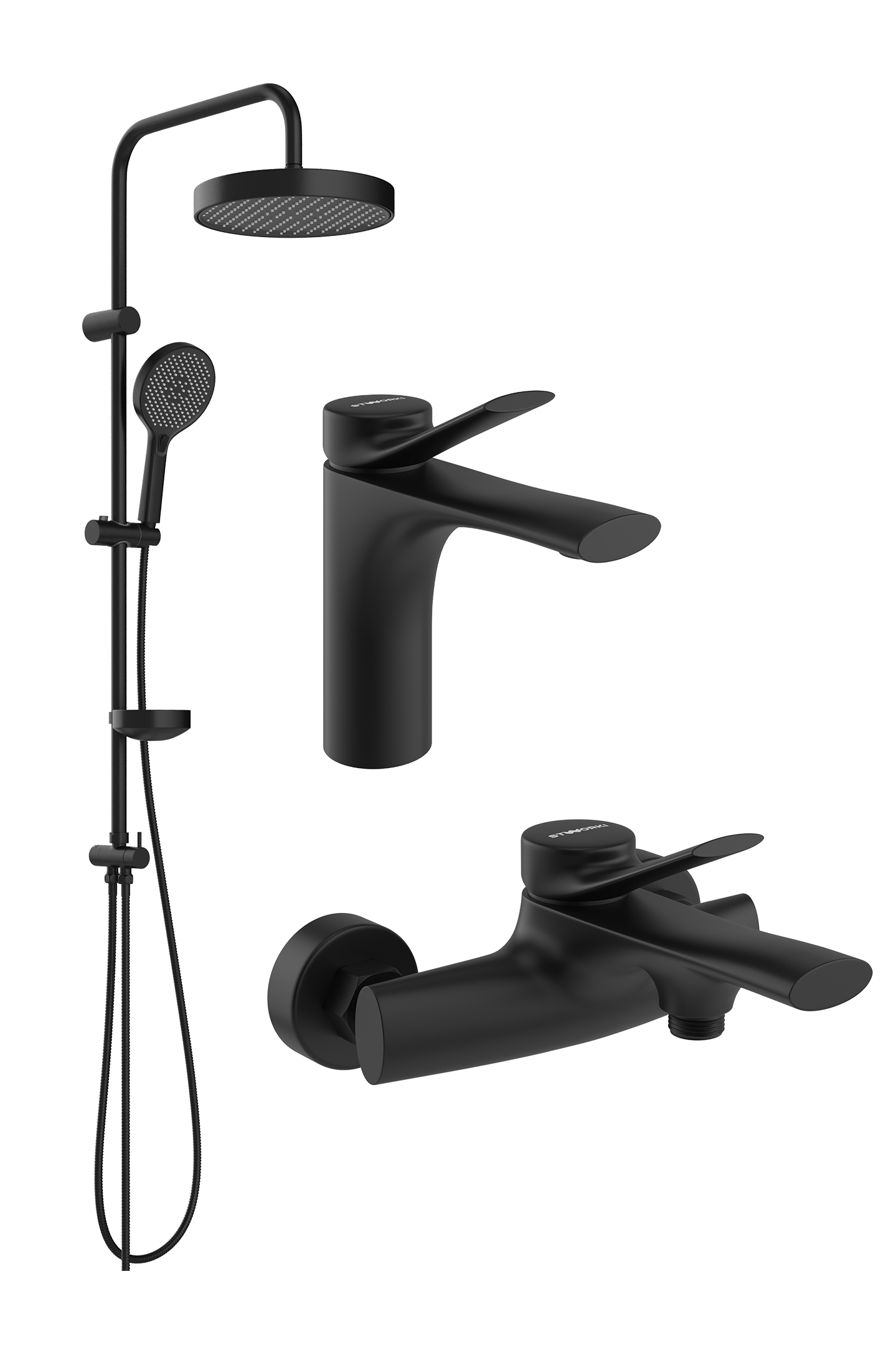 Комплект для ванной Смеситель STWORKI Ларвик S24010BK черный + Стойка Молде S23180BK матовая черная + Смеситель S24100BK матовый черный