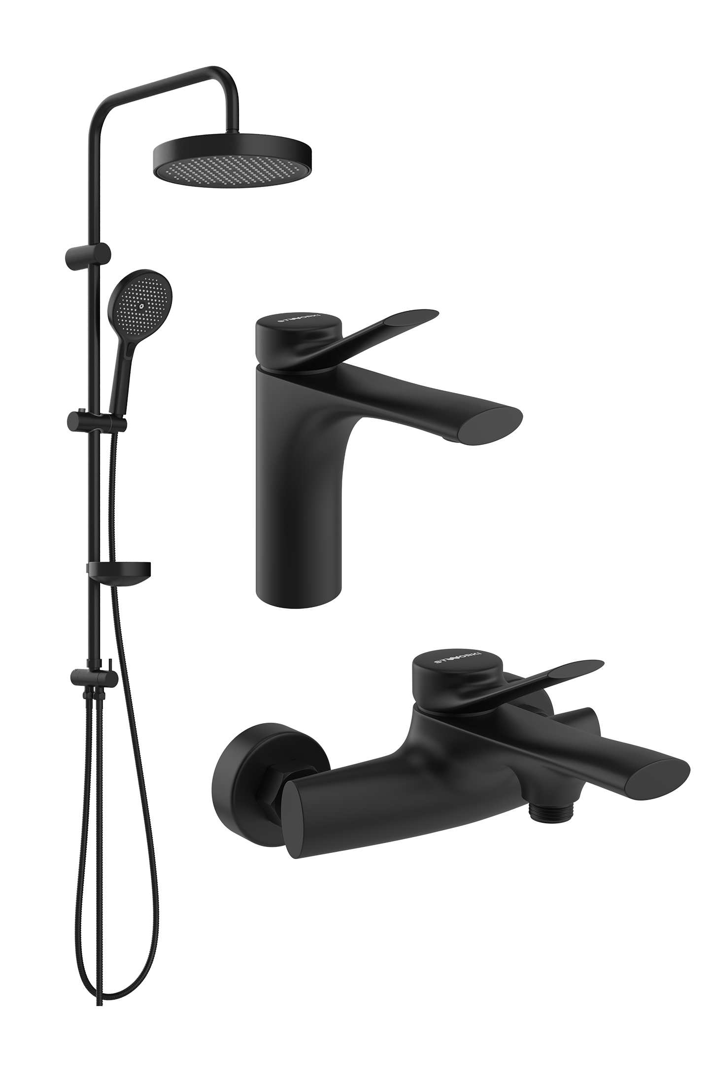 Комплект для ванной Смеситель STWORKI Ларвик S24010BK черный + Стойка Монтре S30180BK матовая черная + Смеситель S24100BK матовый черный