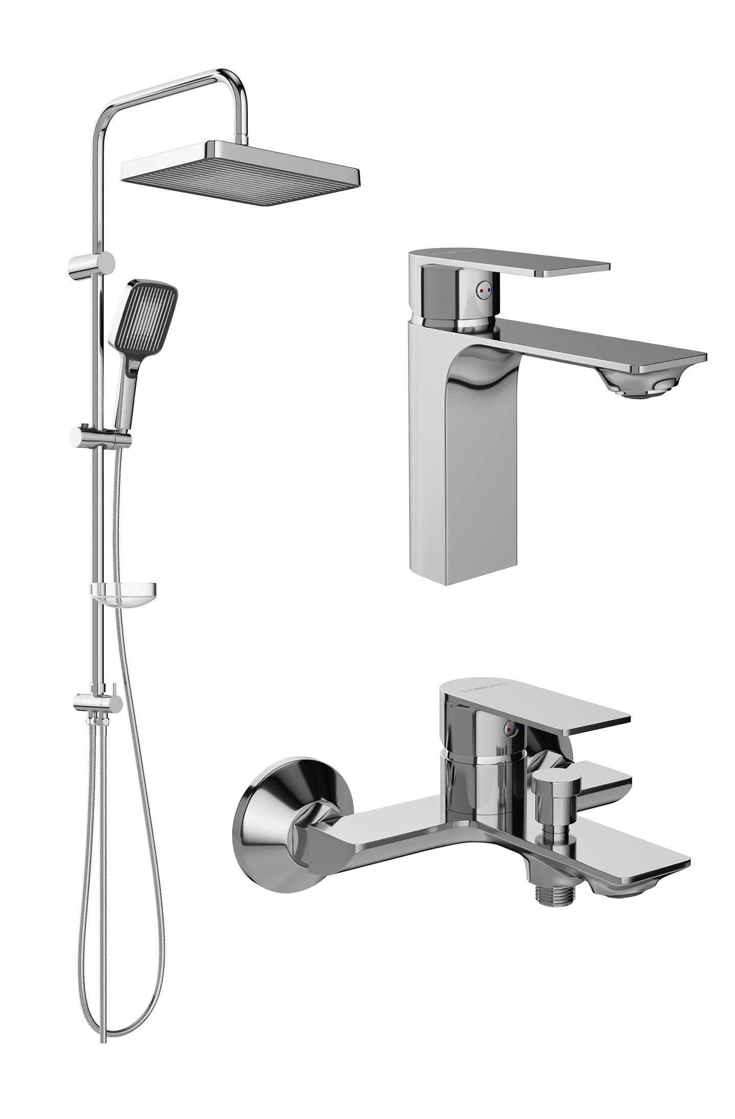Комплект для ванной Смеситель STWORKI Гриндстед S29010CR хром + Стойка Берген S21180CR хром + Смеситель S29100CR хром