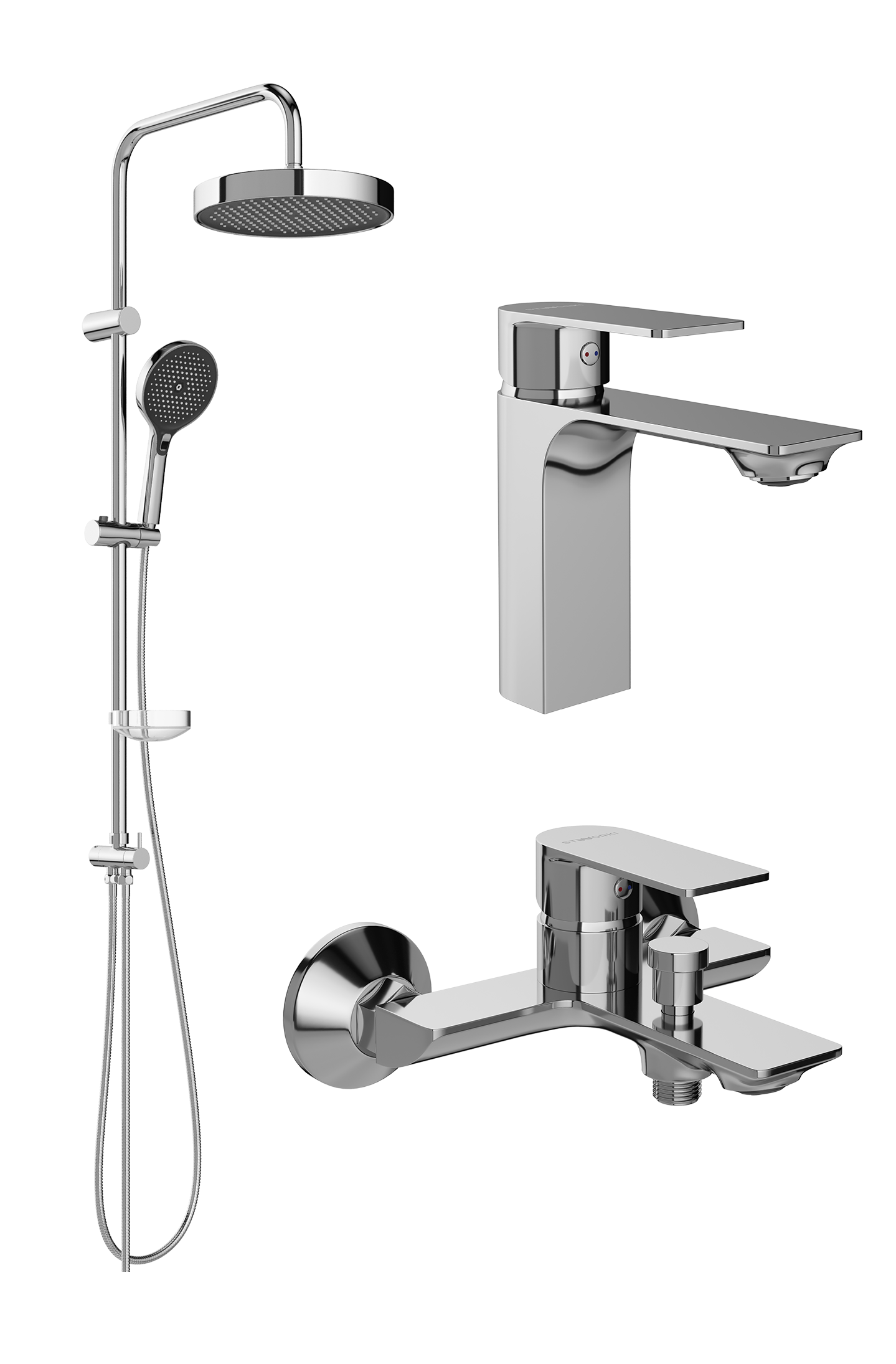 Комплект для ванной Смеситель STWORKI Гриндстед S29010CR хром + Стойка Монтре S30180CR + Смеситель S29100CR хром